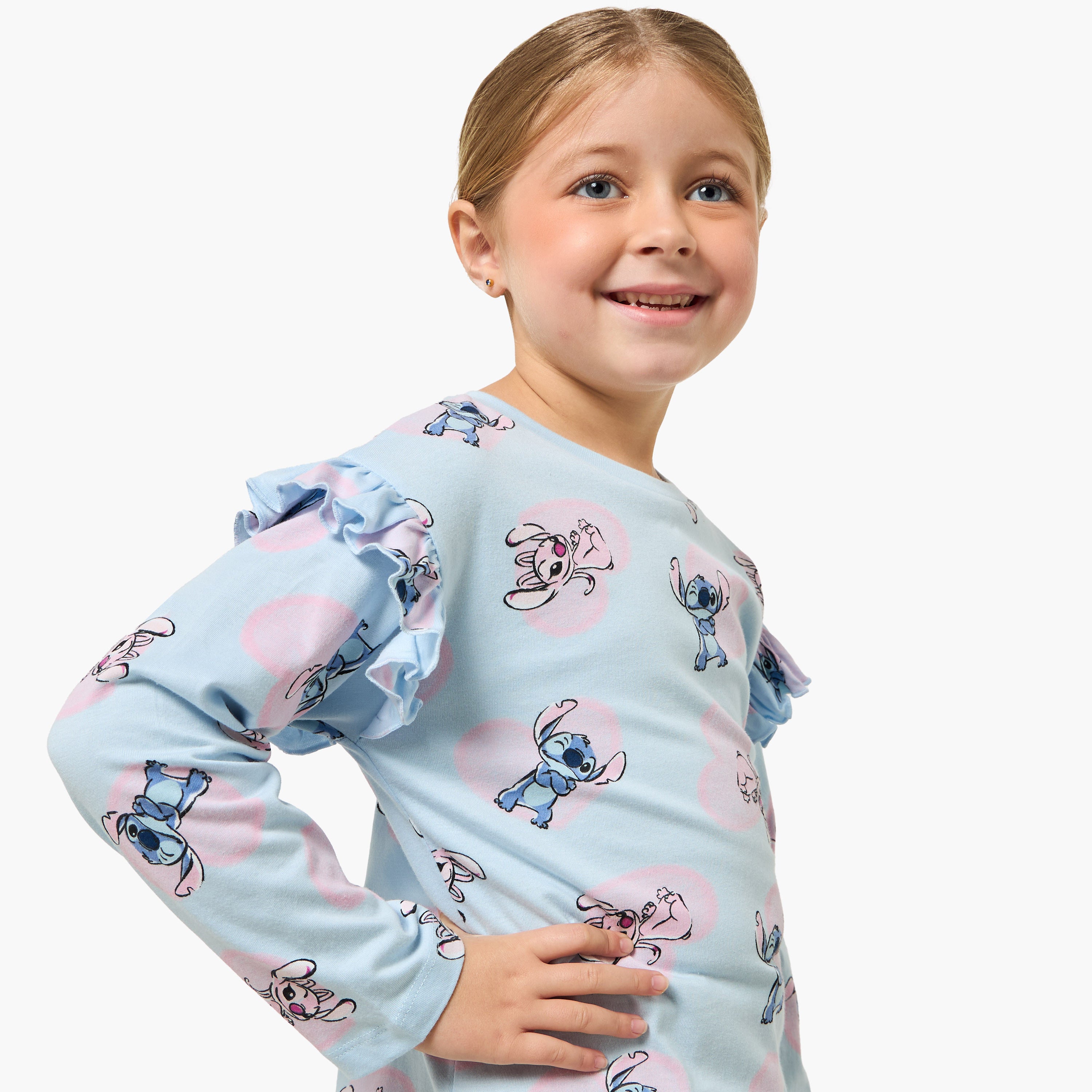 Disney Crew Neck Long Sleeves T-shirt with Angel and Stitch Print