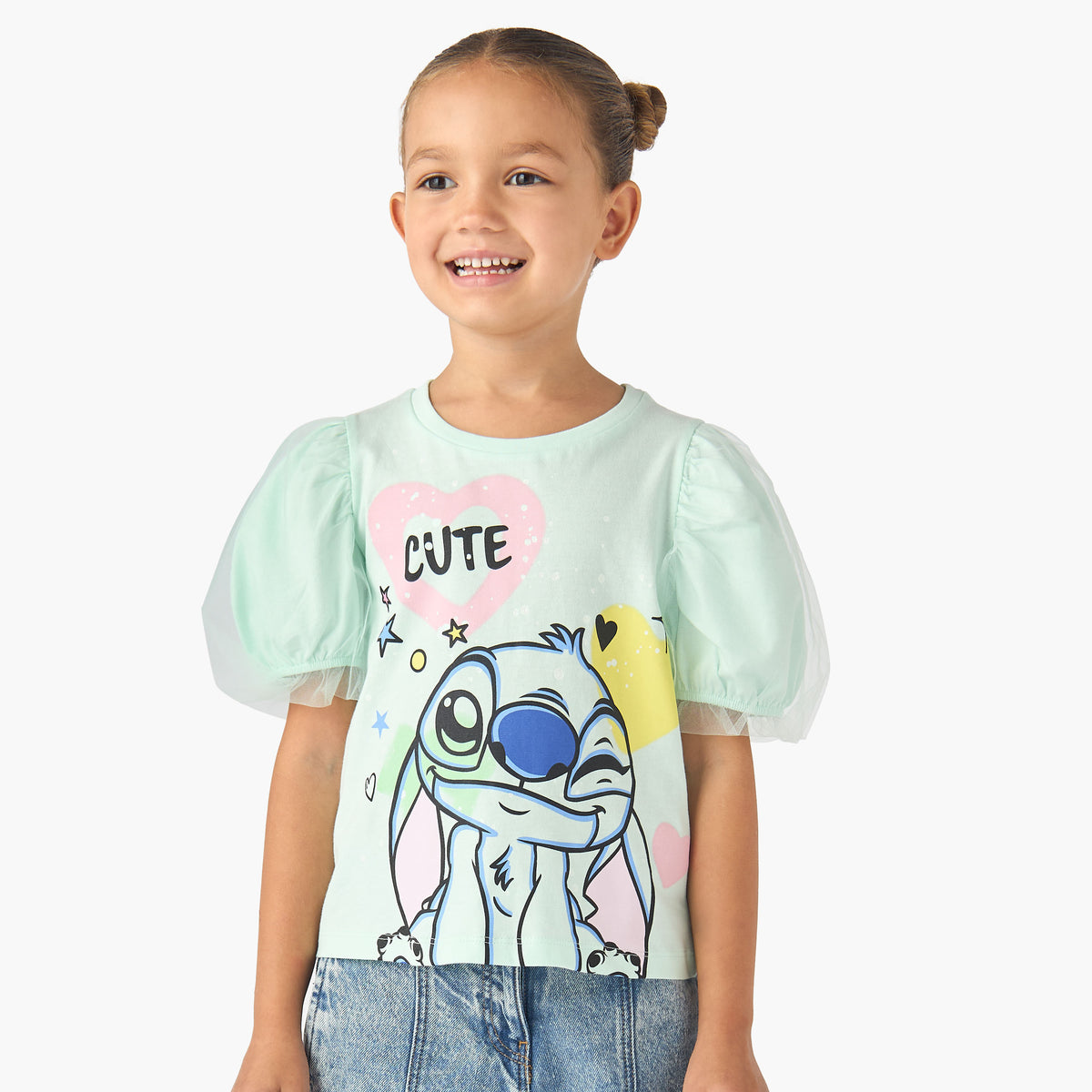 Disney Round Neck Short Sleeve T-shirt with Stitch Print