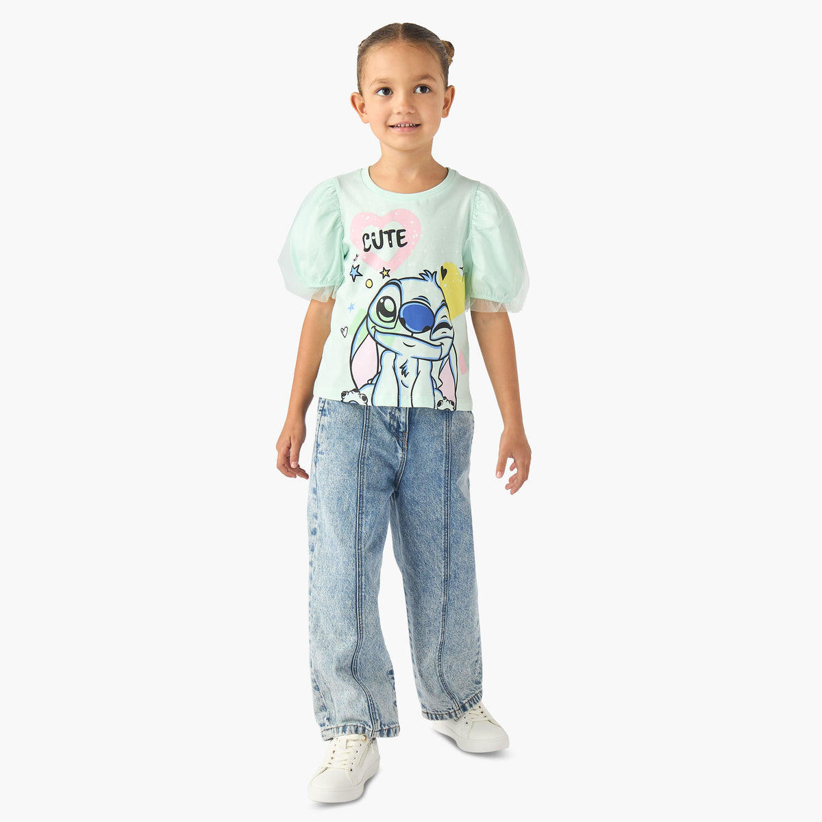 Disney Round Neck Short Sleeve T-shirt with Stitch Print