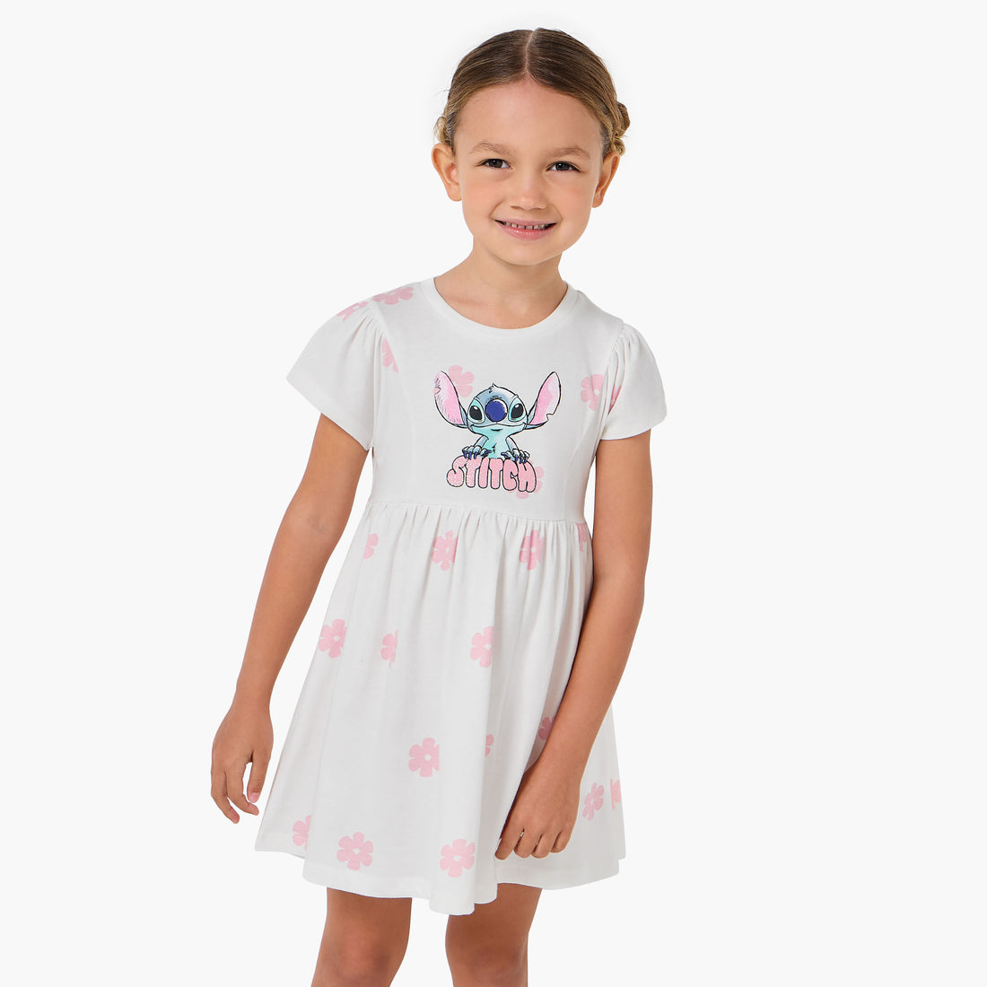 Disney Round Neck Short Sleeves A-line Dress with Floral Stitch Print - White / 1-2 yrs