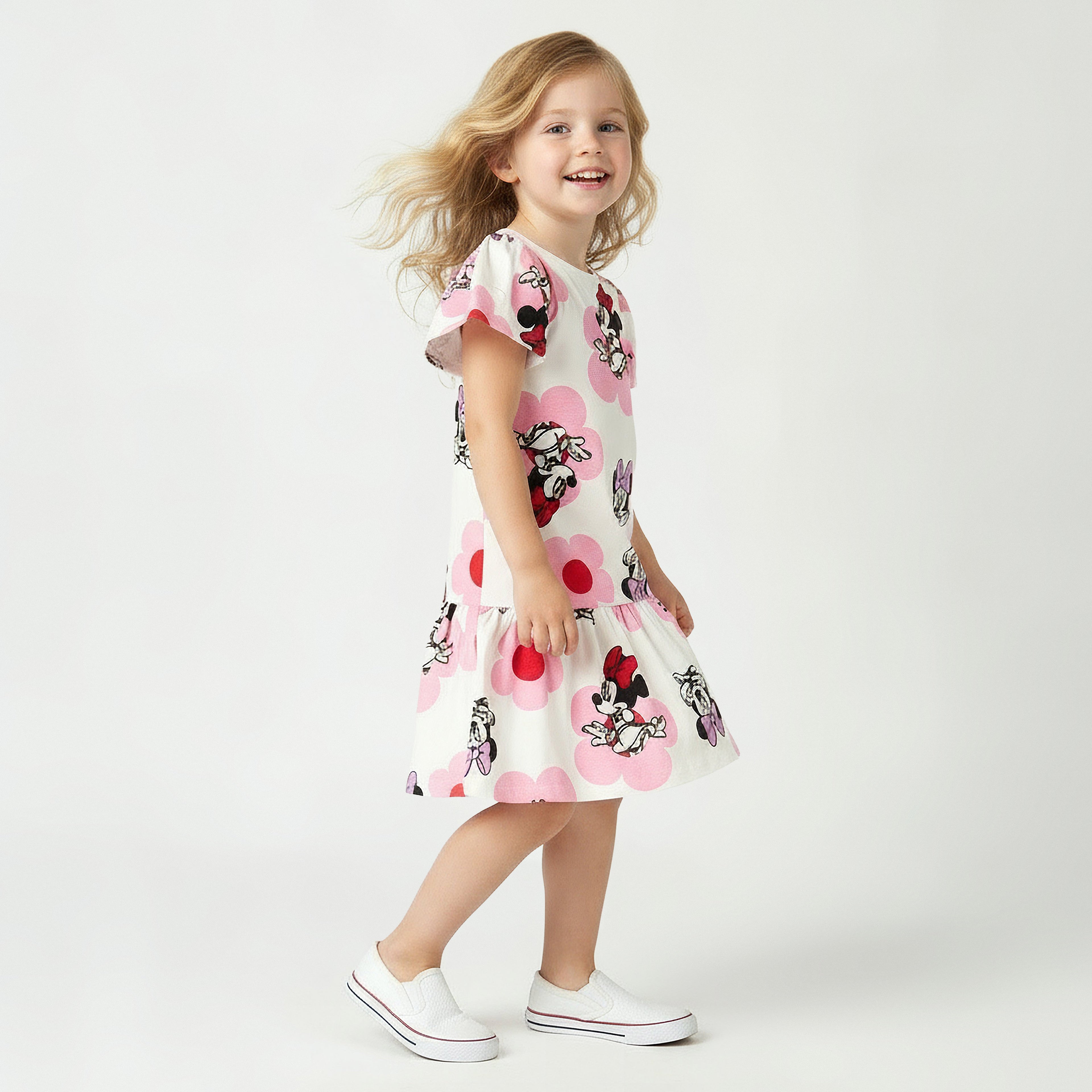 Disney Round Neck Short Sleeves Drop Waist Dress with Minnie Mouse Print