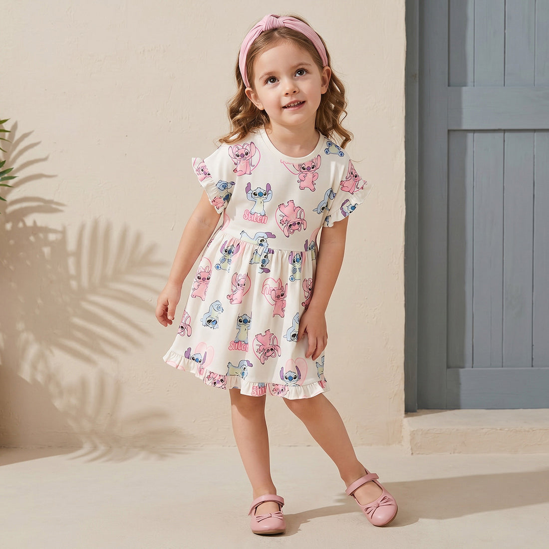Disney Round Neck Short Sleeves Knee Length A-line Dress with Angel and Stitch Print