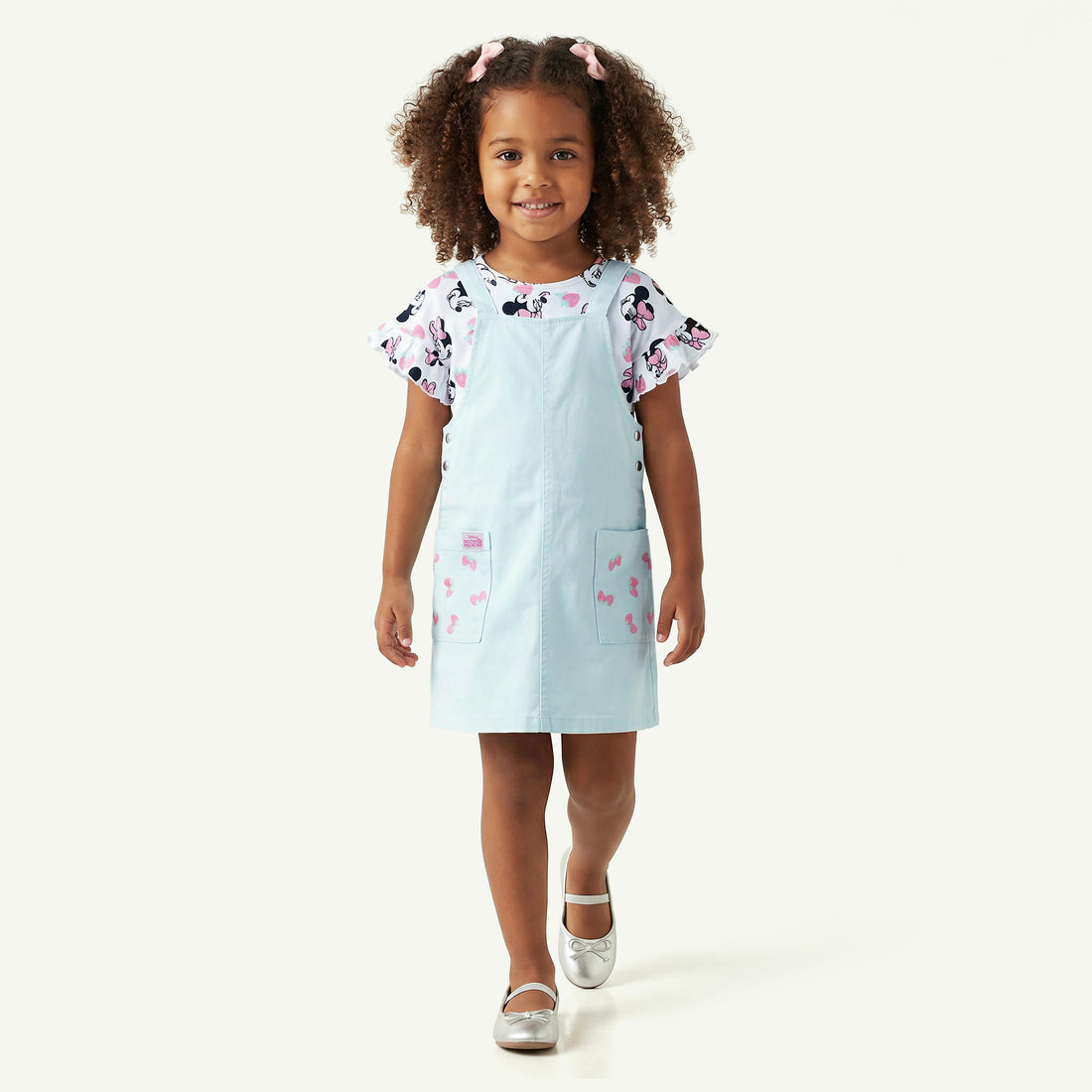 Disney Round Neck Short Sleeves T-shirt and Pinafore Set with Minnie Mouse Print - Multicolour / 6-7 yrs