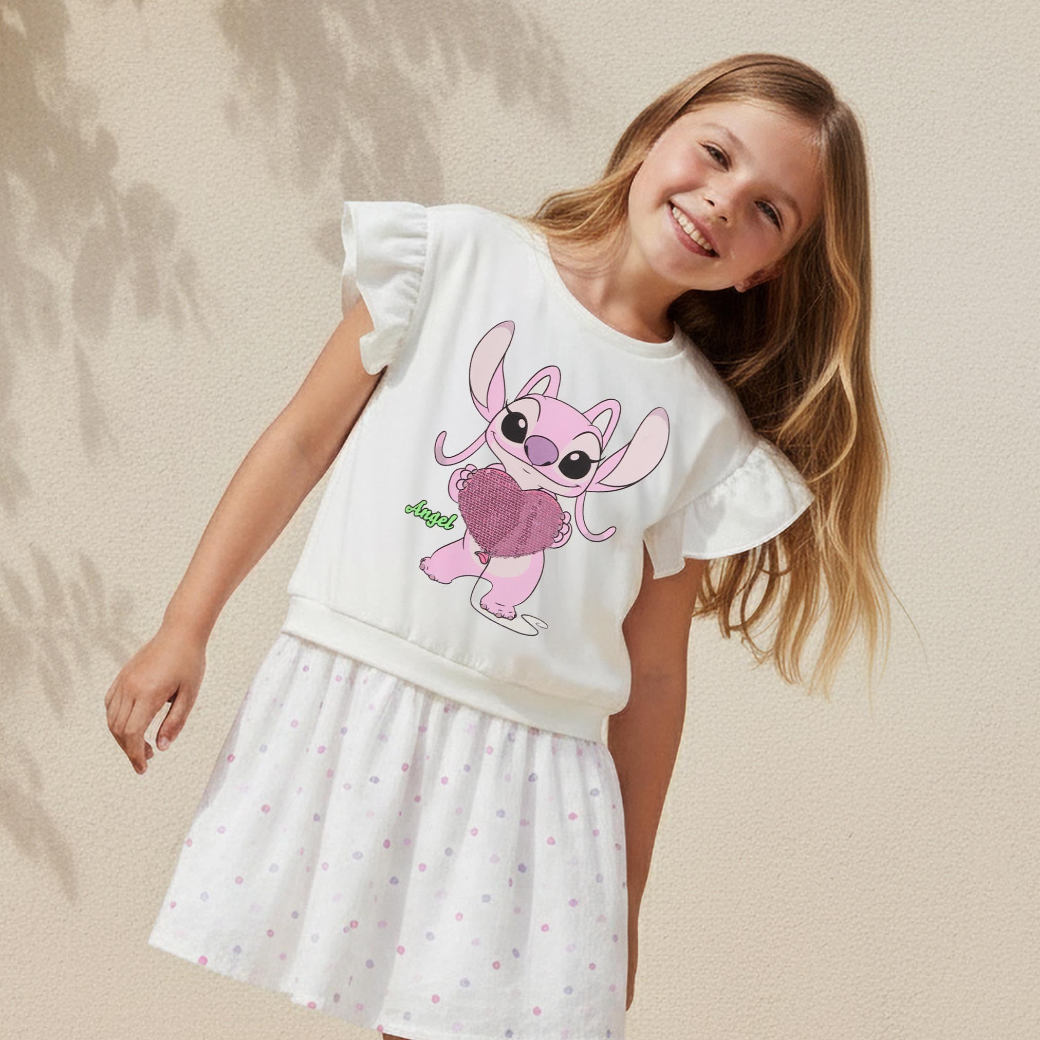 Disney Crew Neck Cap Sleeves Knee Length Dress with Stitch Print - White / 1-2 yrs