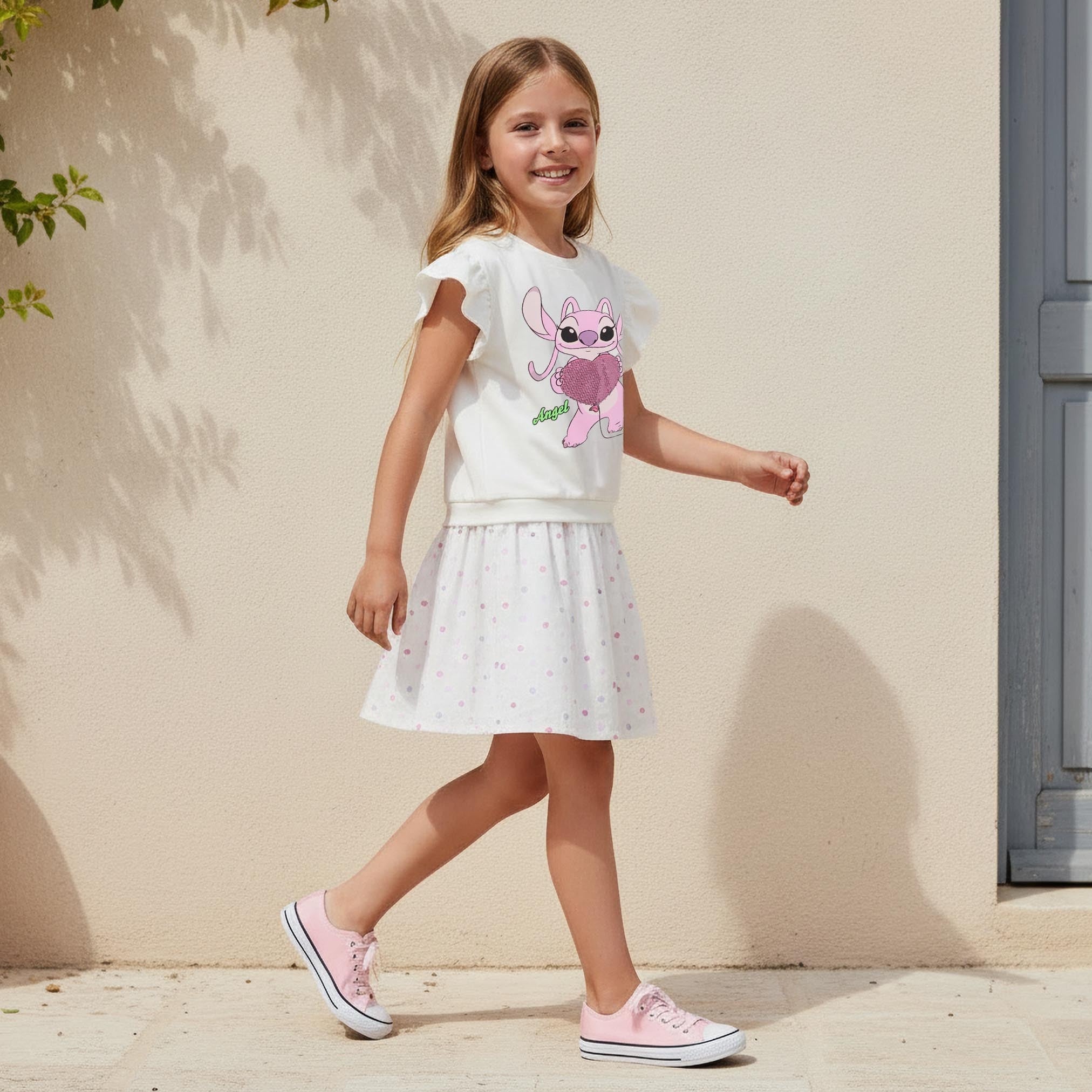 Disney Crew Neck Cap Sleeves Knee Length Dress with Stitch Print
