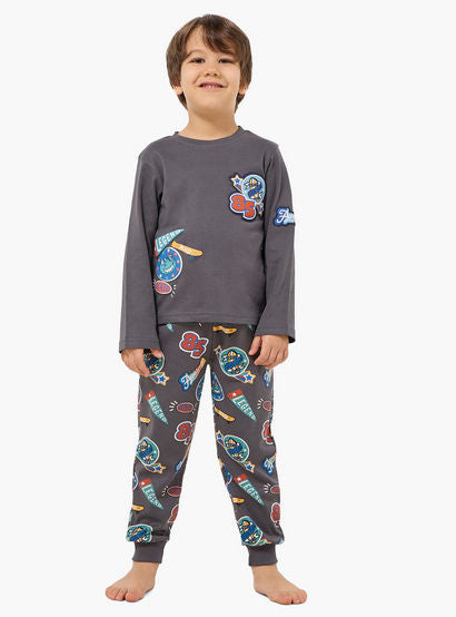 Juniors Cotton Crew Neck Long Sleeves Pyjama Set with Bear Print-boys-clothing-nightwear-image-1
