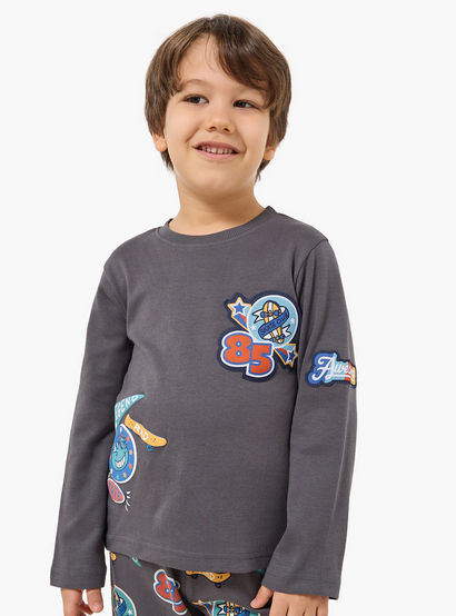 Juniors Cotton Crew Neck Long Sleeves Pyjama Set with Bear Print-boys-clothing-nightwear-image-2