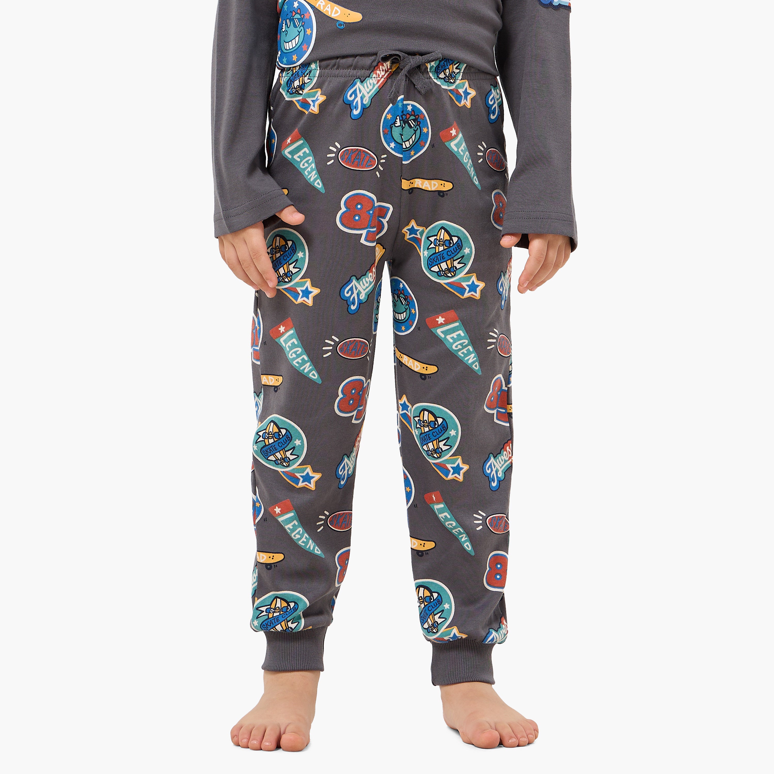 Juniors Cotton Crew Neck Long Sleeves Pyjama Set with Bear Print