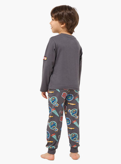 Juniors Cotton Crew Neck Long Sleeves Pyjama Set with Bear Print-boys-clothing-nightwear-image-4