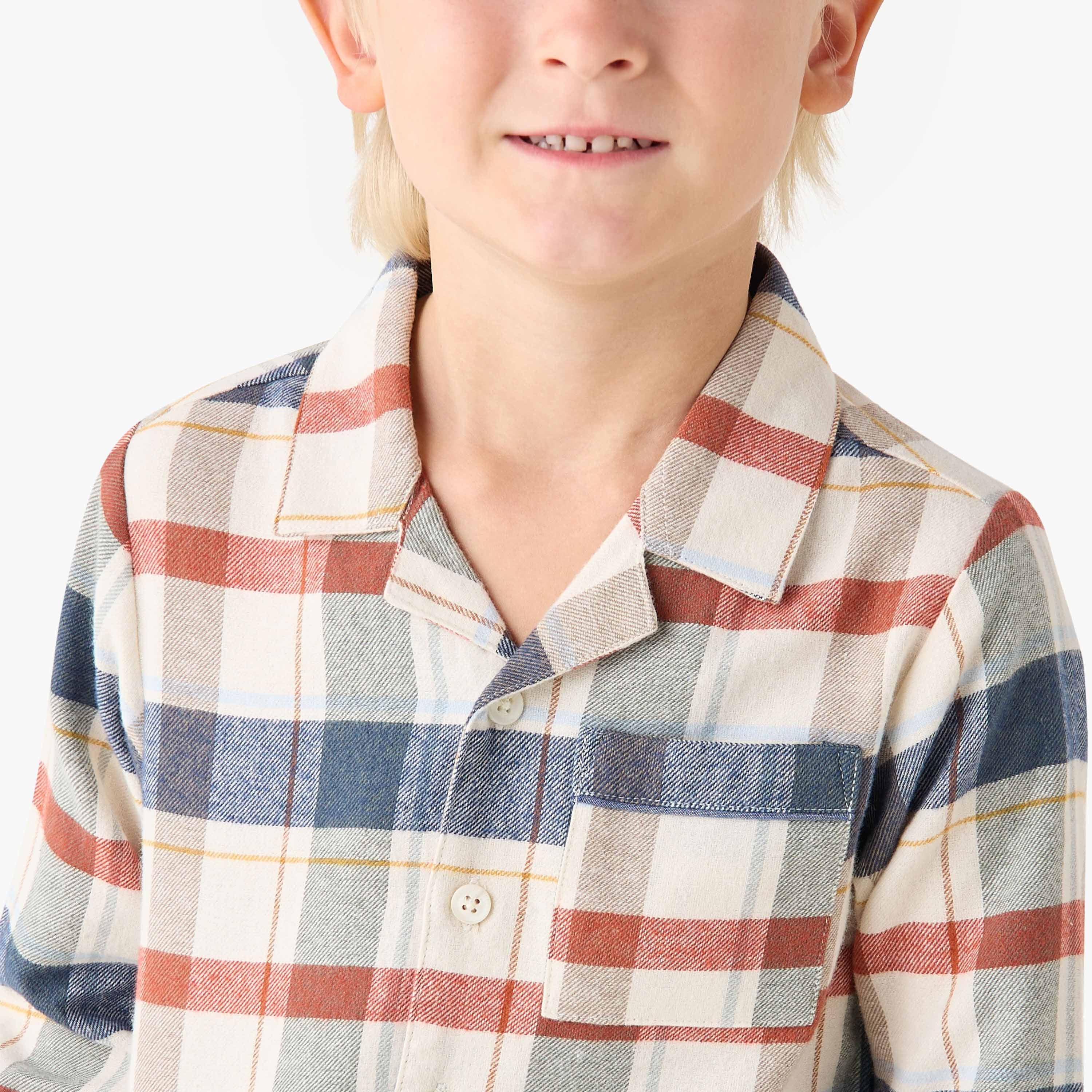 Juniors Cotton Camp Collar Long Sleeves Pyjama Set with Checked Design