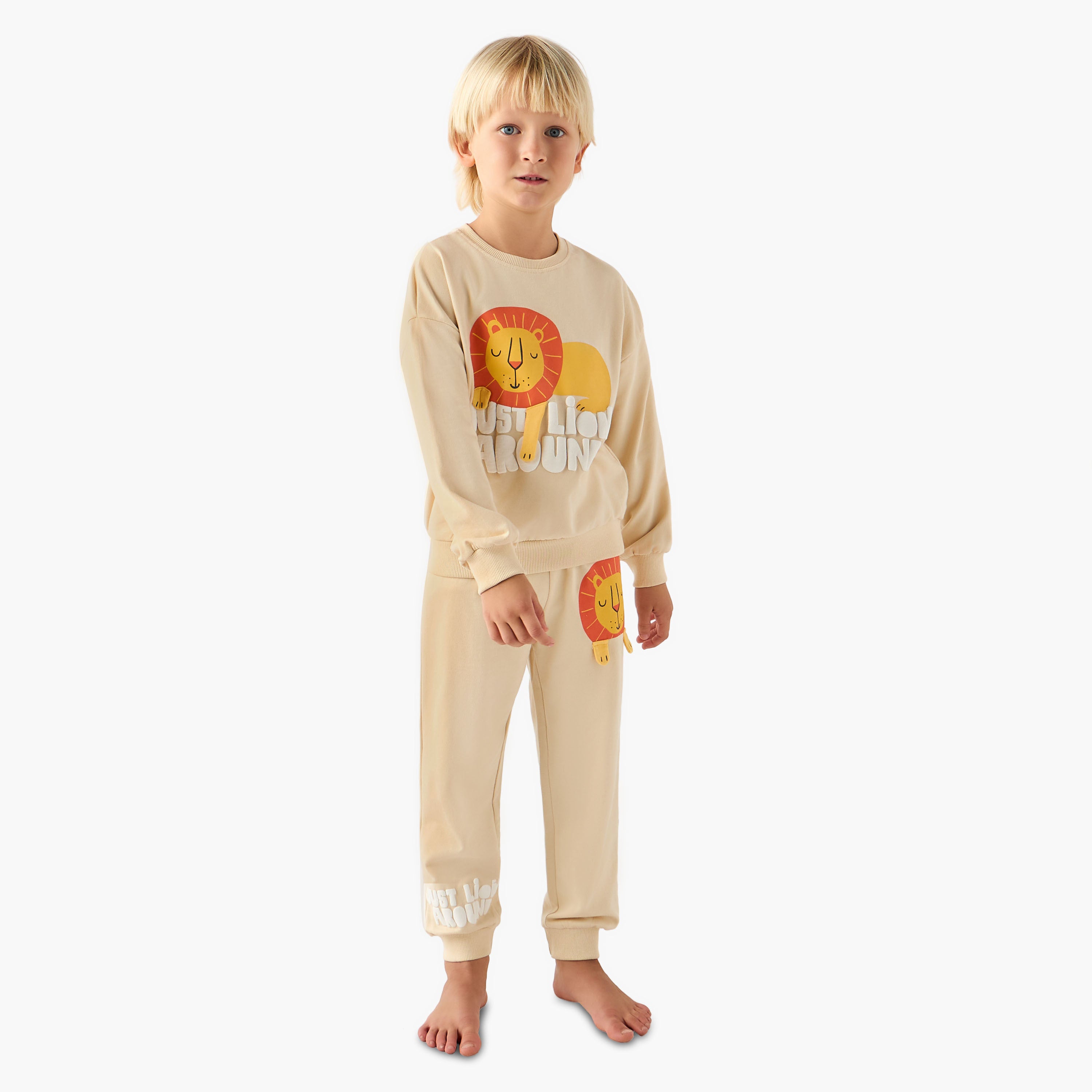 Juniors Crew Neck Long Sleeves Pyjama Set with Lion Applique - Beige / 2-3 yrs