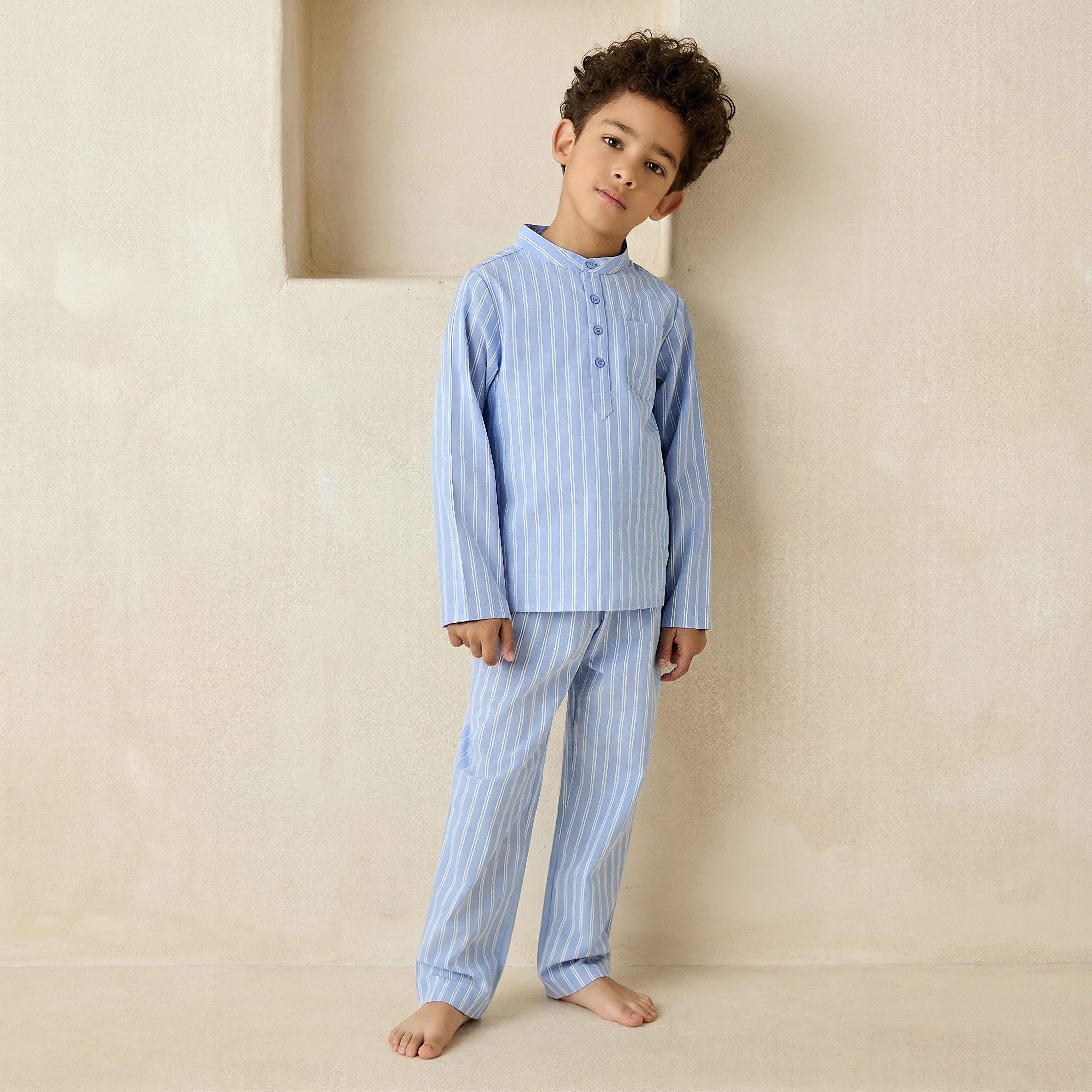 Juniors Cotton Mandarin Collar Long Sleeve Pyjama Set with Stripes - Blue / 2-3 yrs