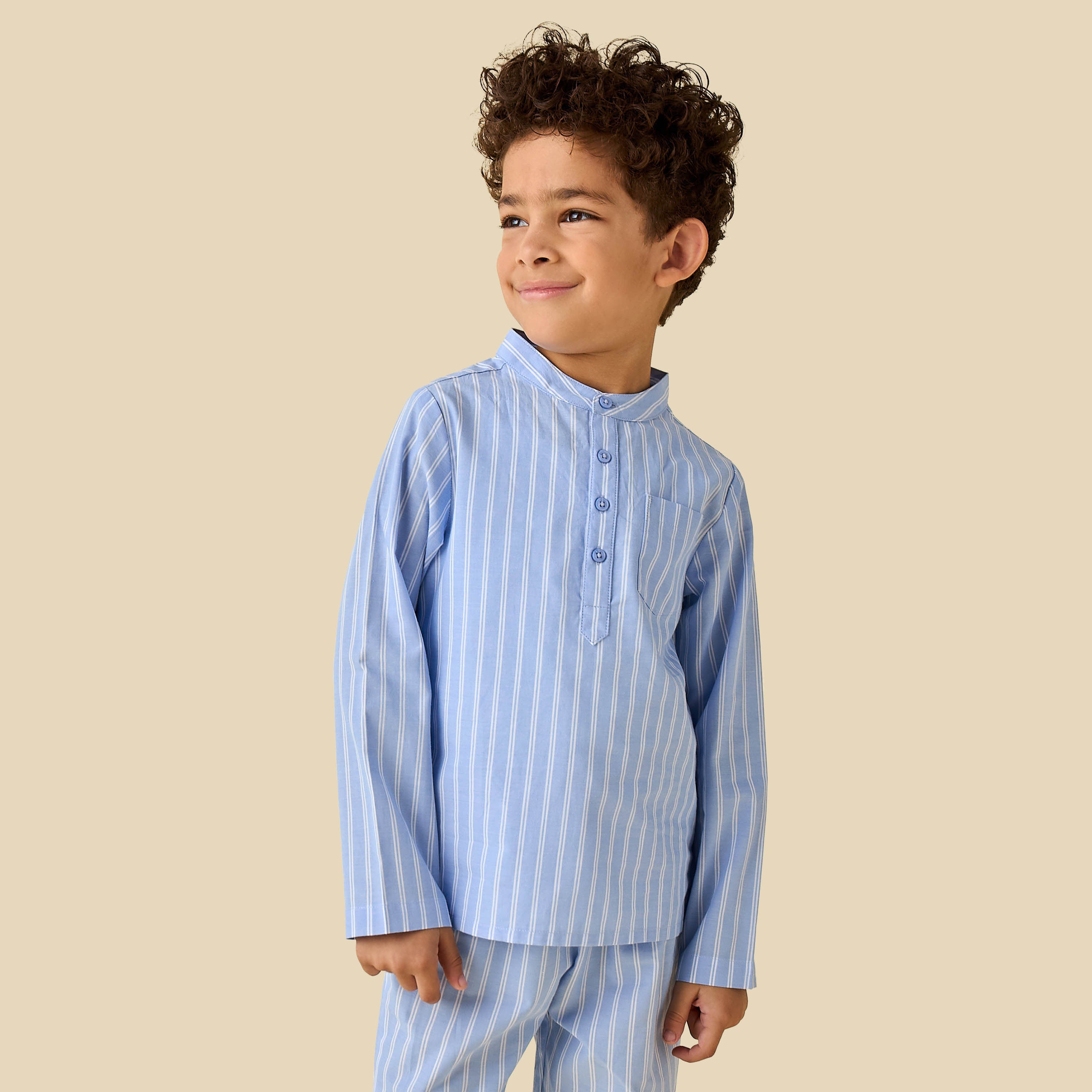 Juniors Cotton Mandarin Collar Long Sleeve Pyjama Set with Stripes