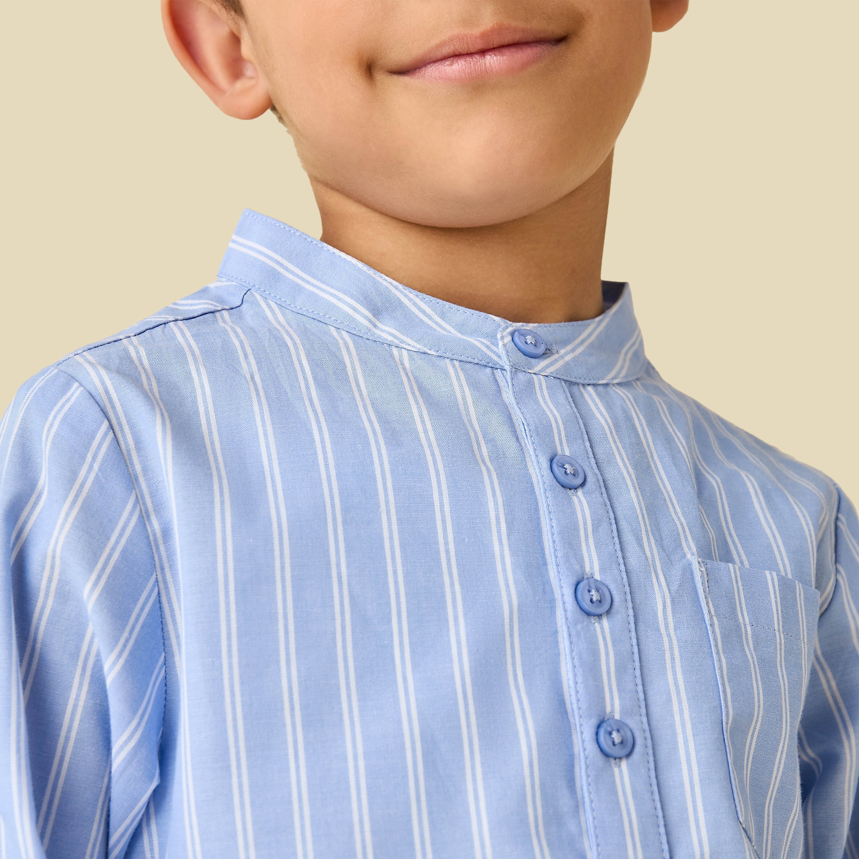 Juniors Cotton Mandarin Collar Long Sleeve Pyjama Set with Stripes