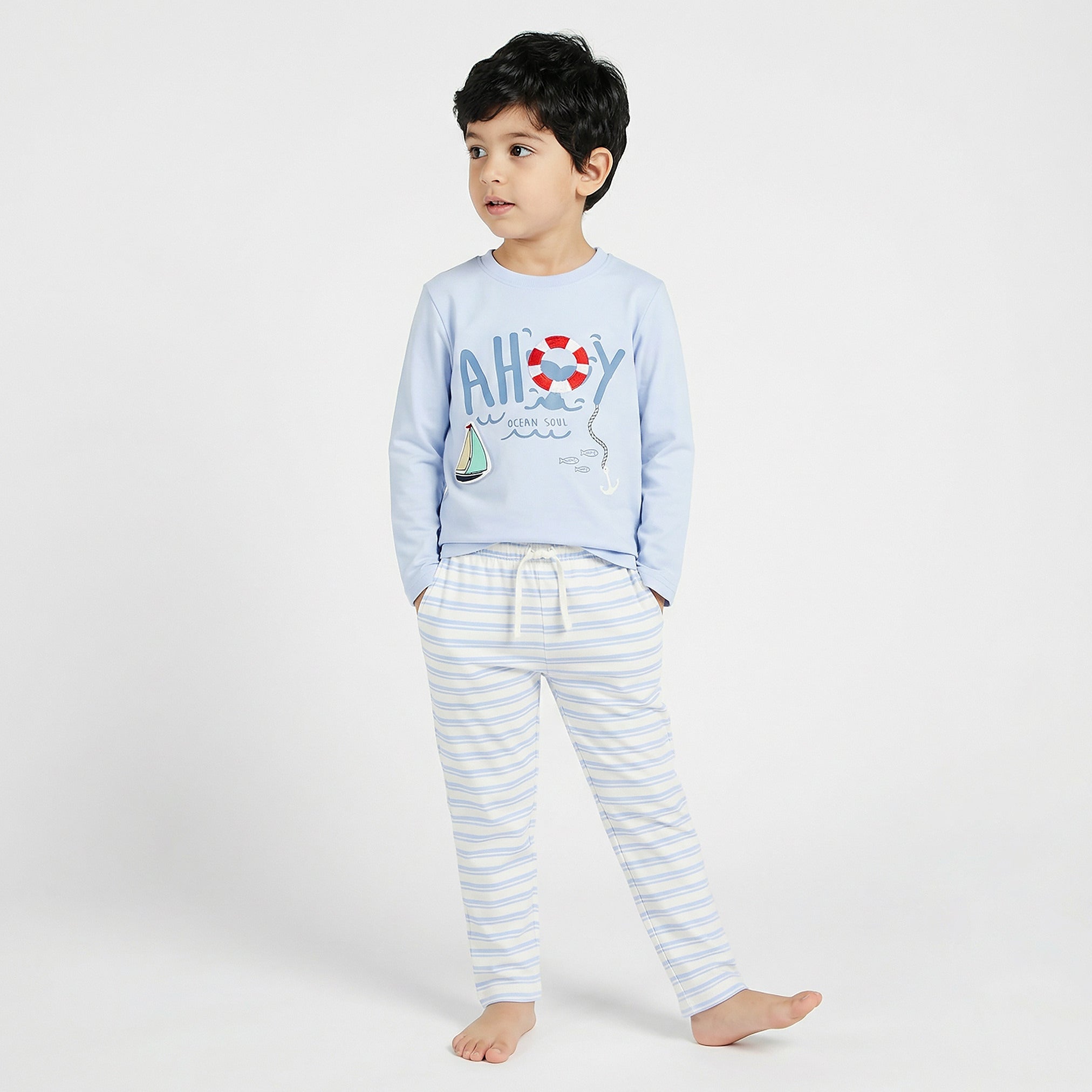 Juniors Cotton Crew Neck Long Sleeve Pyjama Set with Nautical Print - Blue / 2-3 yrs