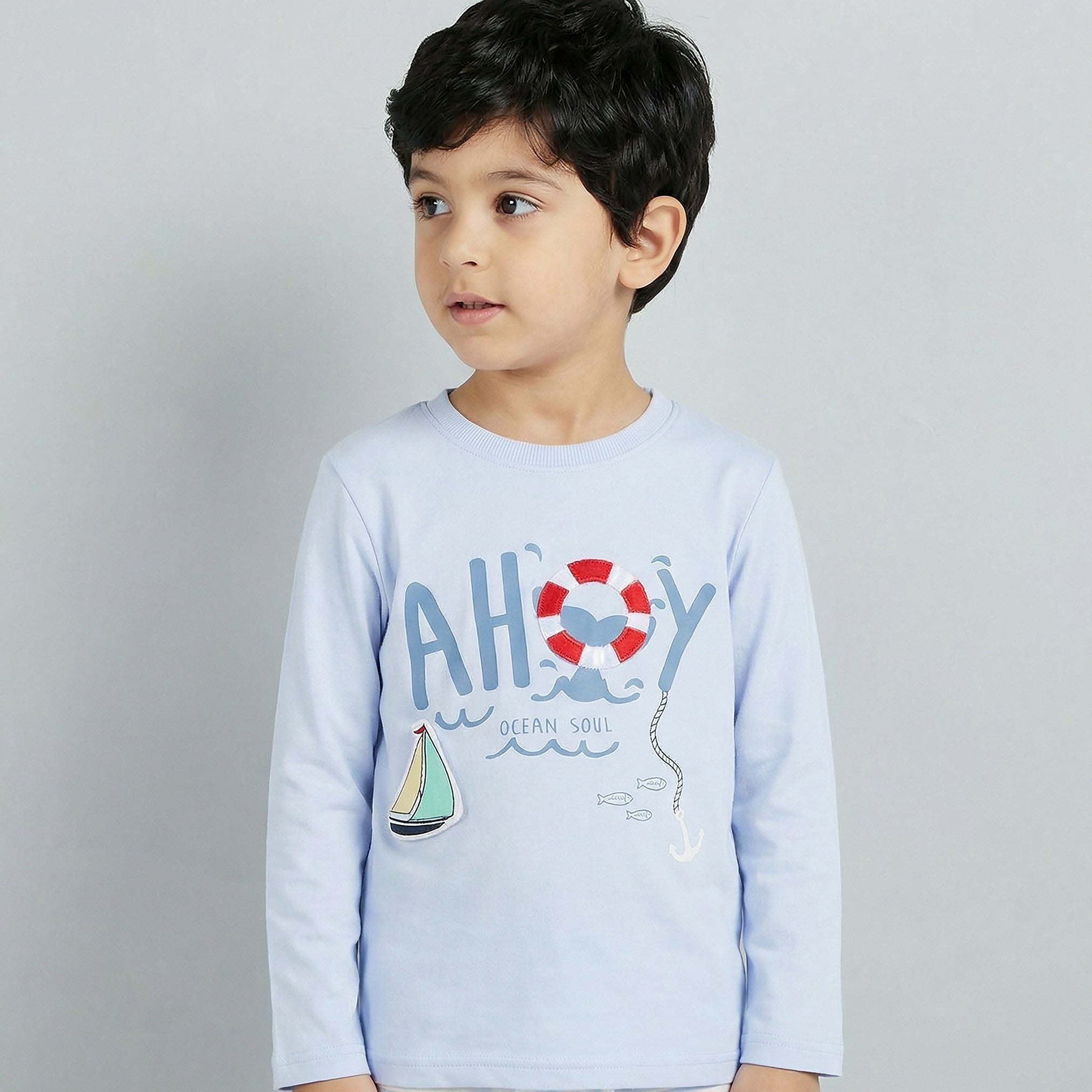 Juniors Cotton Crew Neck Long Sleeve Pyjama Set with Nautical Print