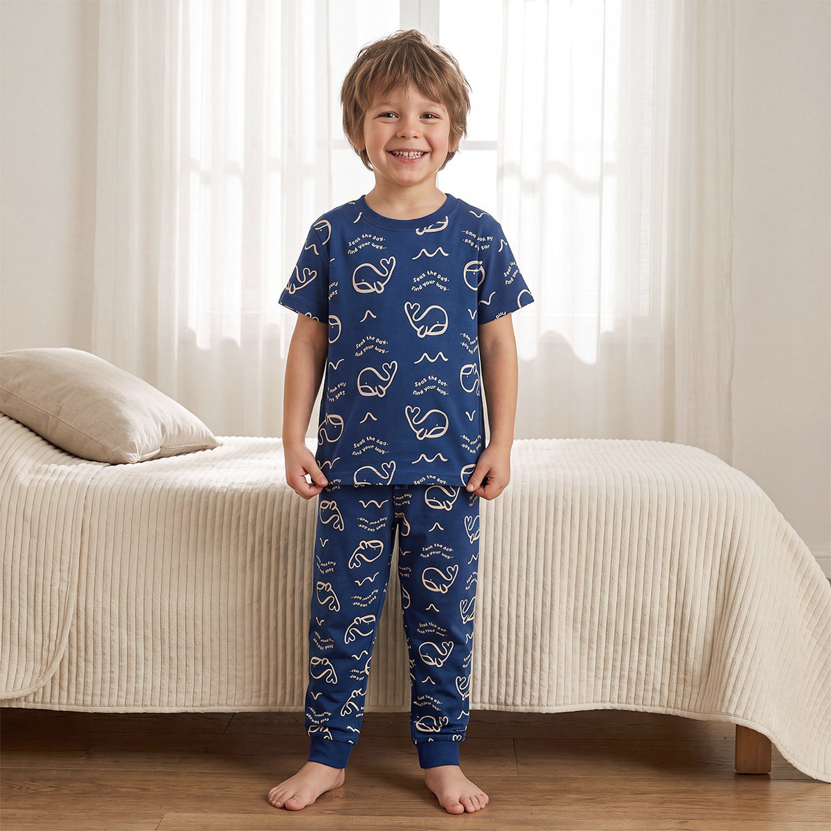 Pack of 2 Juniors Cotton Crew Neck Short Sleeves Pyjama Set with Aquatic Print
