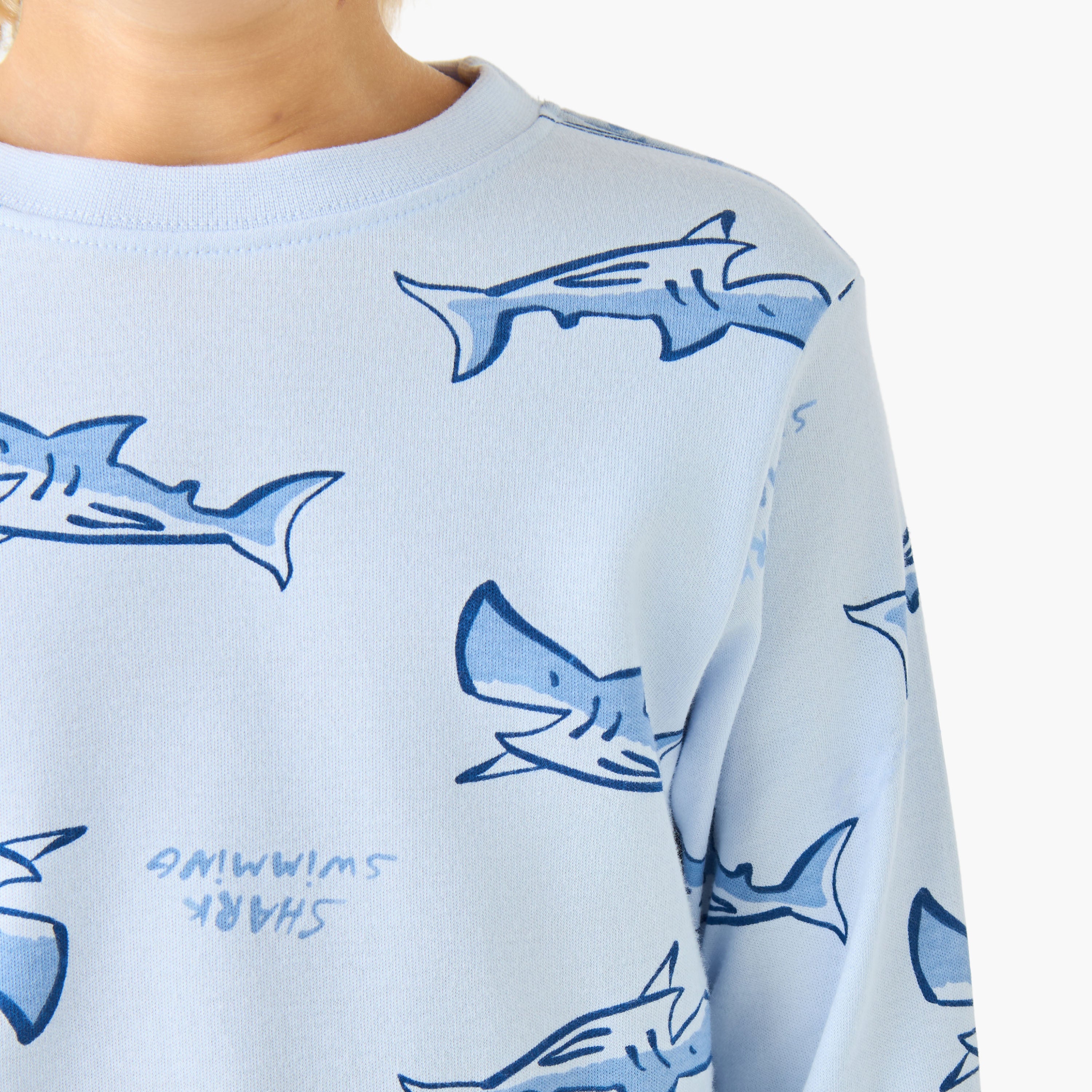 Juniors Cotton Crew Neck Long Sleeves Pyjama Set with Wild Animal Print