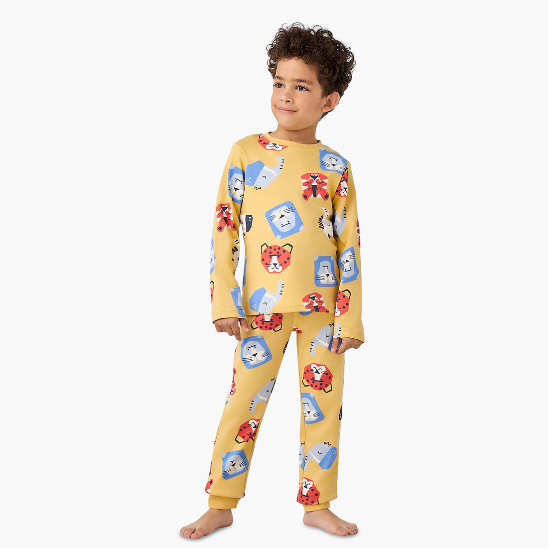 Juniors Cotton Round Neck Long Sleeve Pyjama Set with Wild Animal Print - Yellow / 2-3 yrs