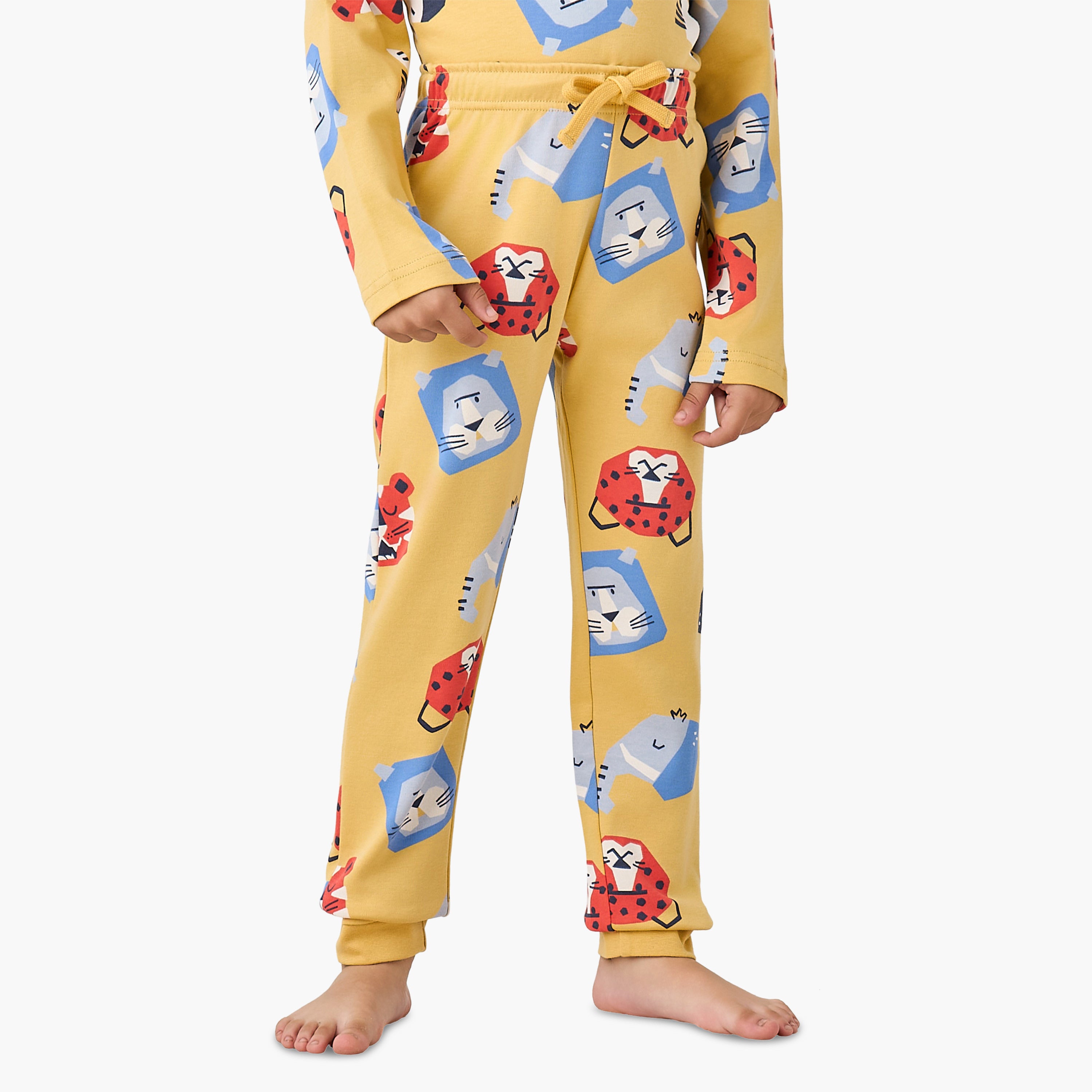 Juniors Cotton Round Neck Long Sleeve Pyjama Set with Wild Animal Print