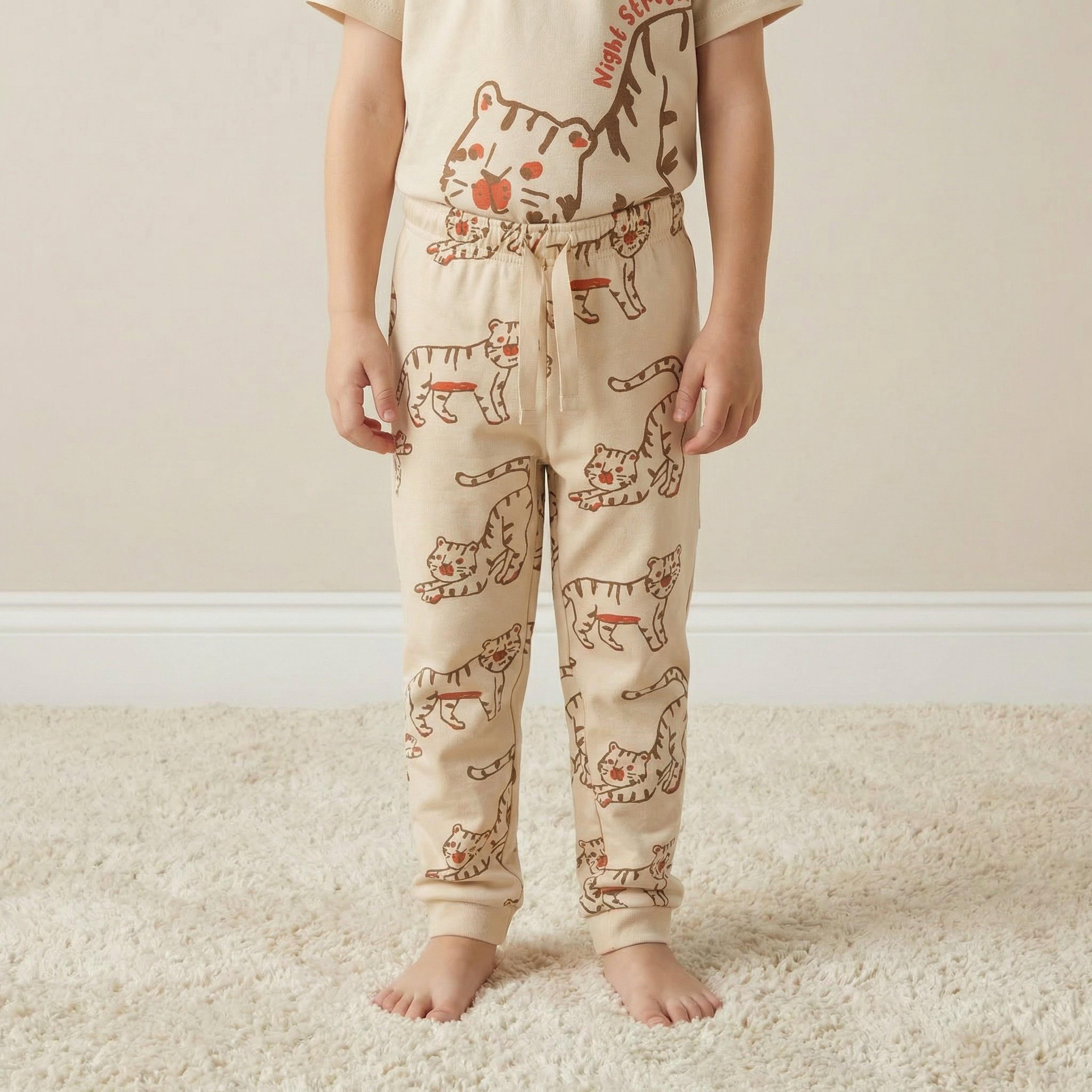 Juniors Cotton Crew Neck Short Sleeves Pyjama Set with Tiger Print