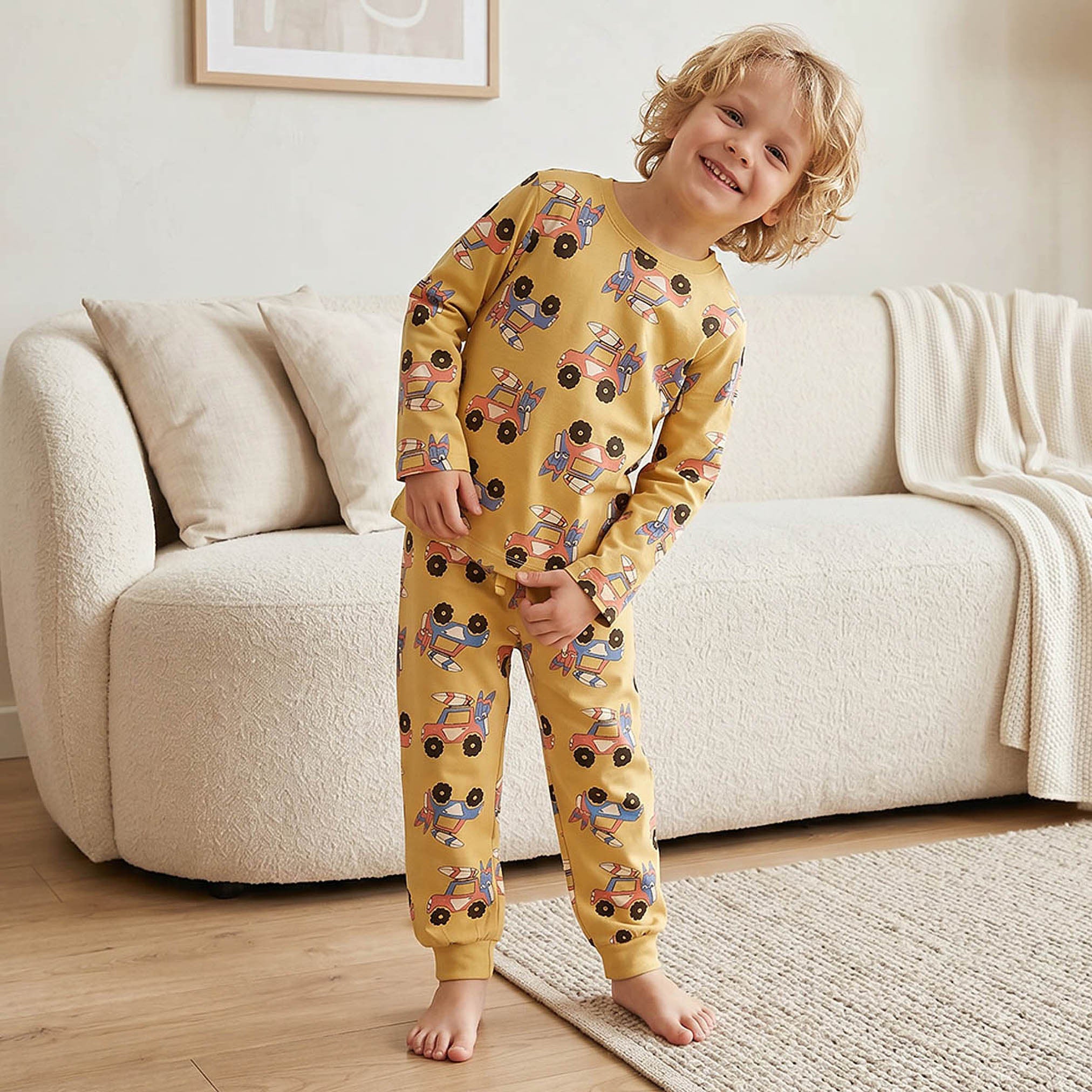 Juniors Cotton Round Neck Long Sleeves Pyjama Set with Vehicle Print - Yellow / 7-8 yrs