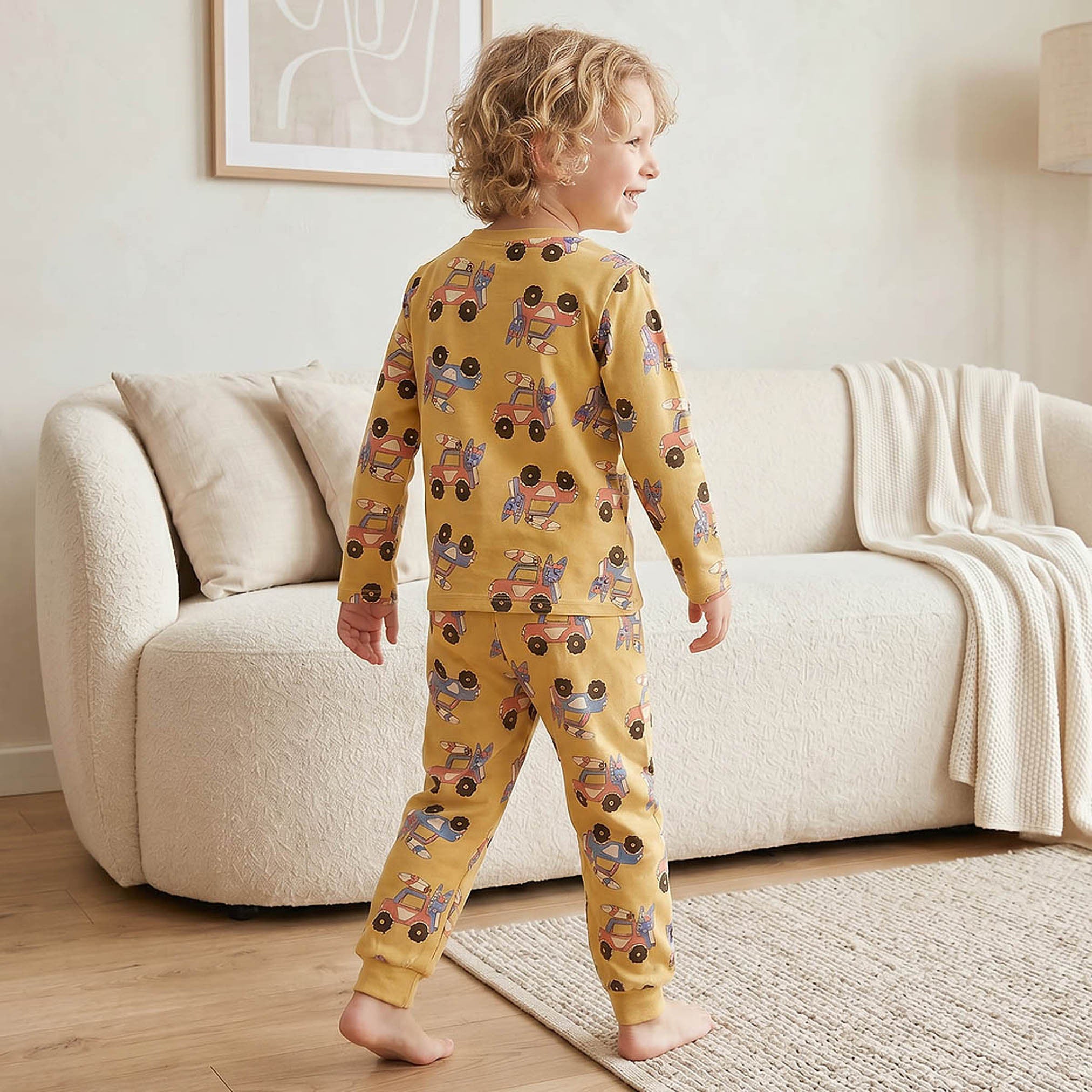 Juniors Cotton Round Neck Long Sleeves Pyjama Set with Vehicle Print