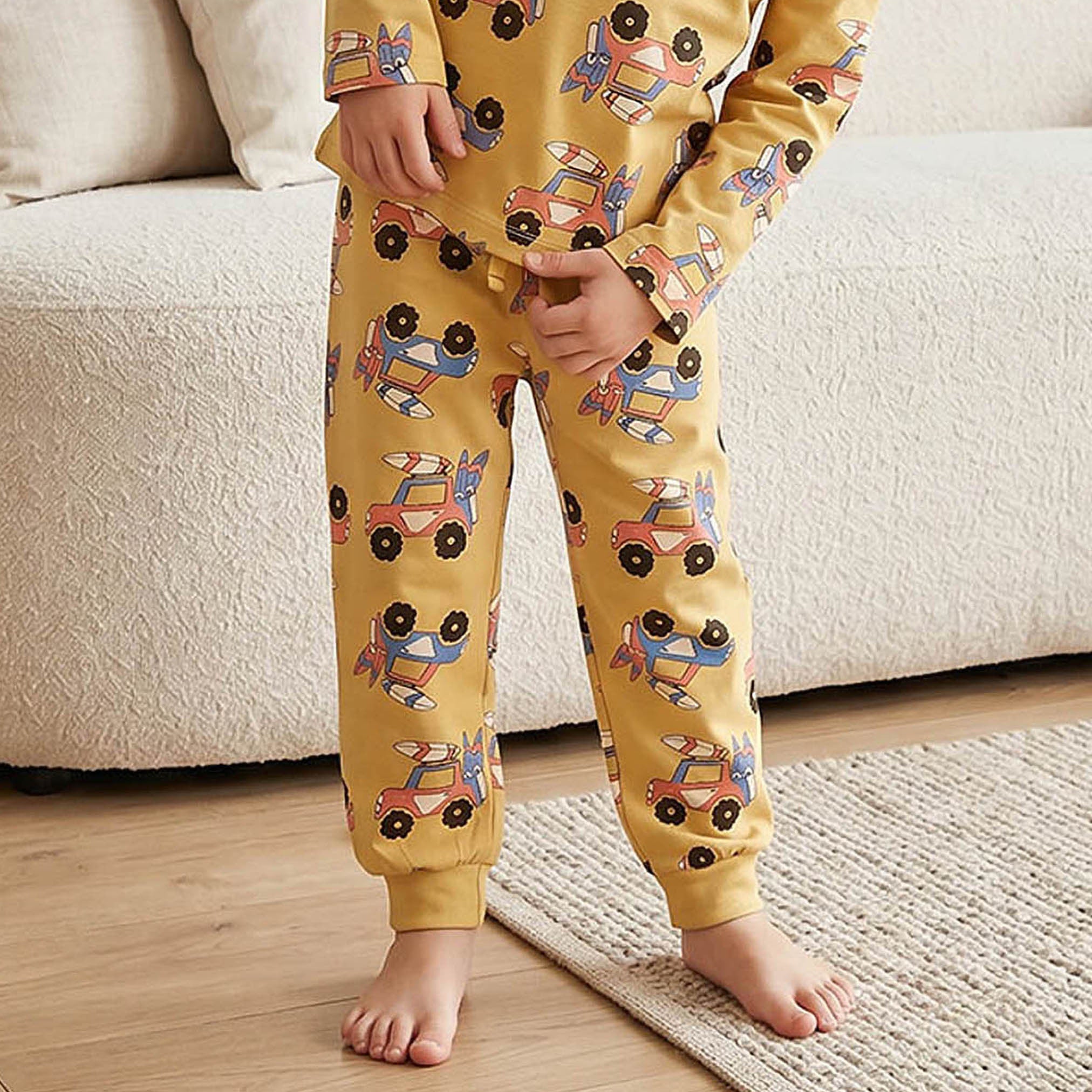 Juniors Cotton Round Neck Long Sleeves Pyjama Set with Vehicle Print