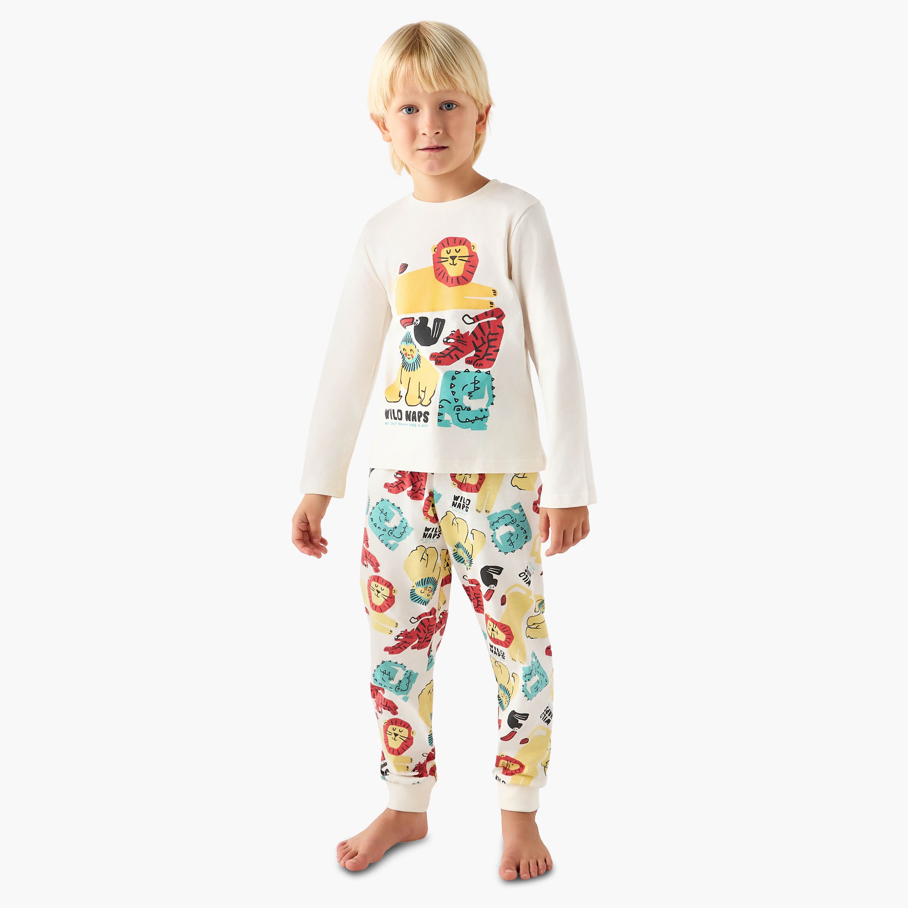 Juniors Cotton Round Neck Long Sleeve Pyjama Set - Cream / 3-4 yrs