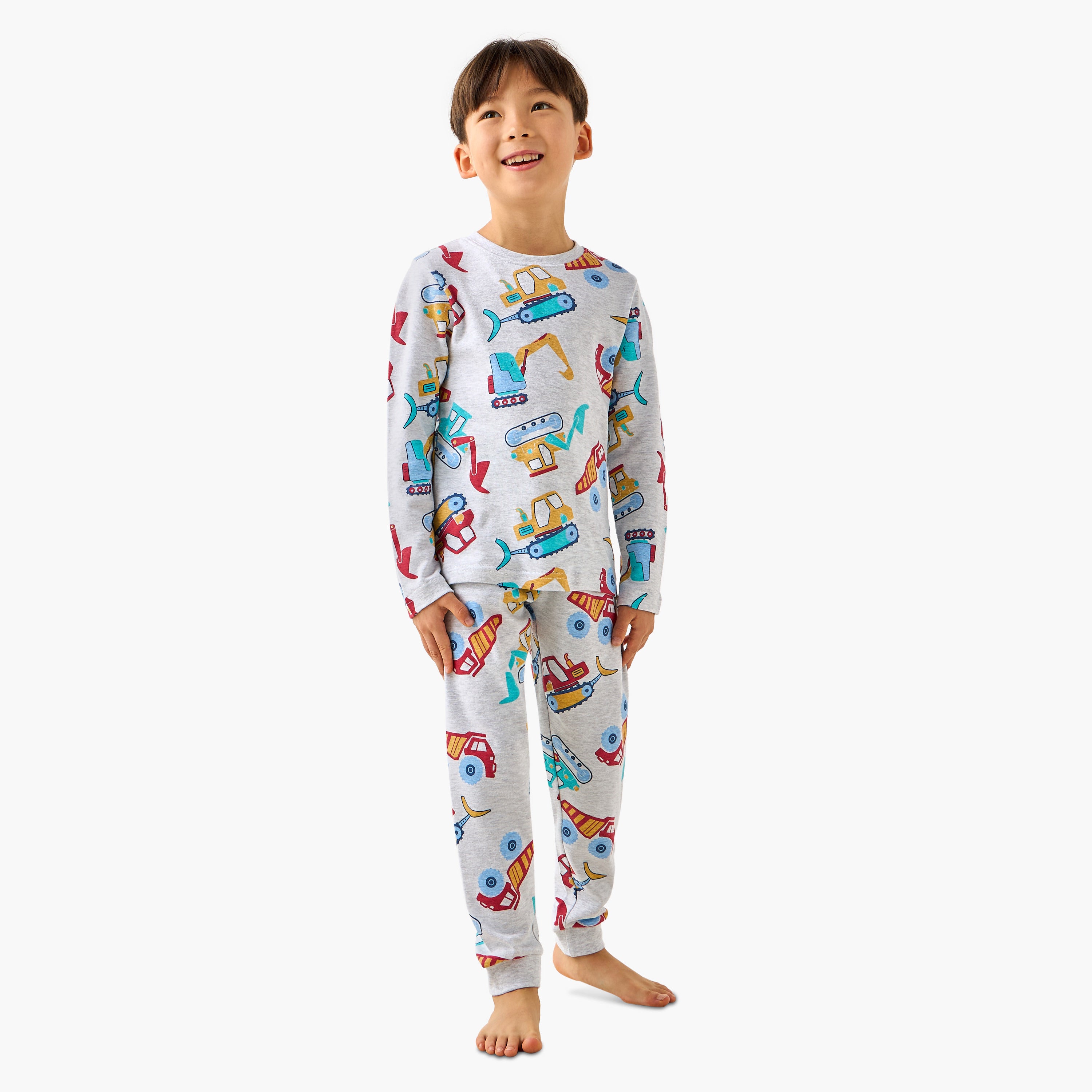 Juniors Cotton Crew Neck Long Sleeves Pyjama Set with Dinosaur Print