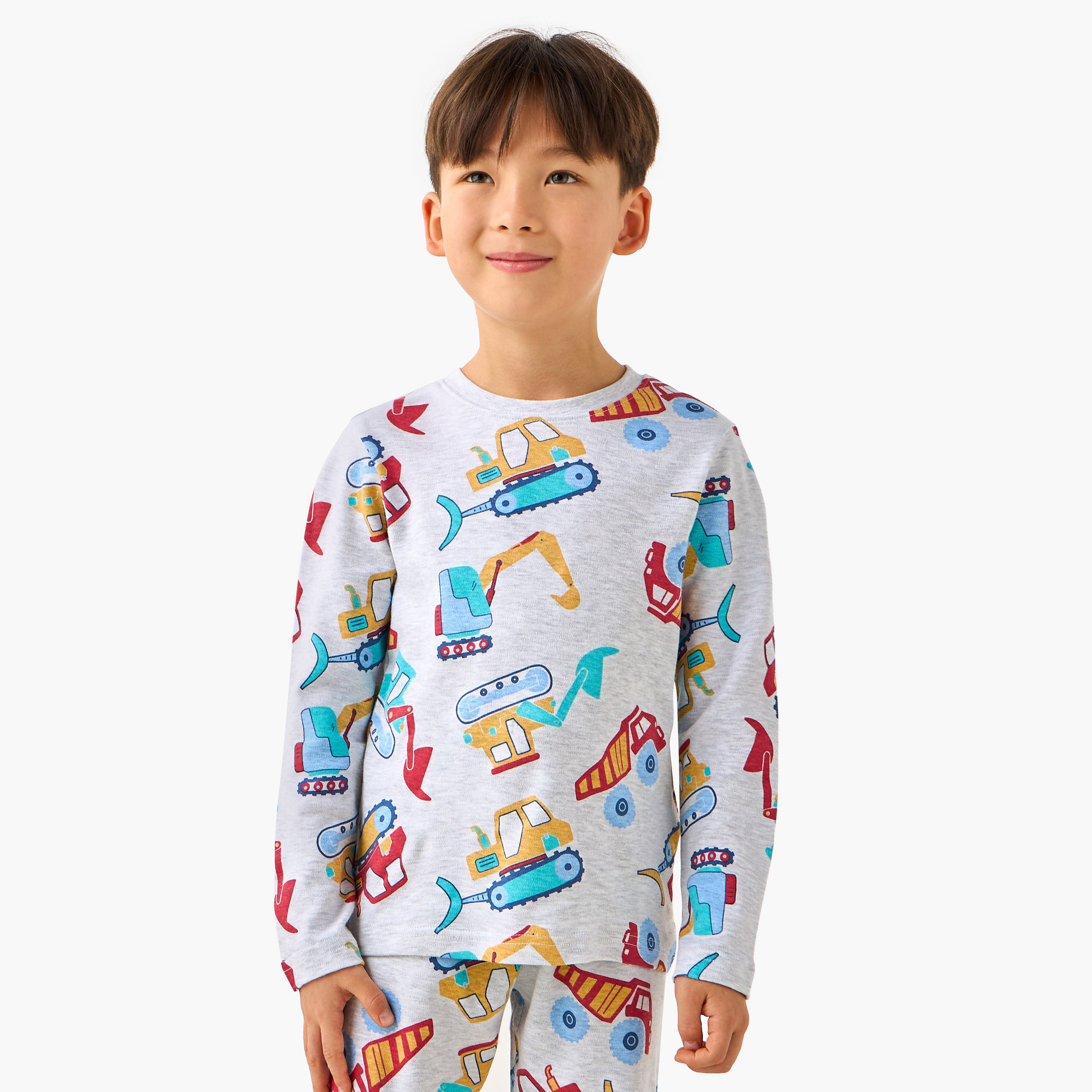 Juniors Cotton Crew Neck Long Sleeves Pyjama Set with Dinosaur Print