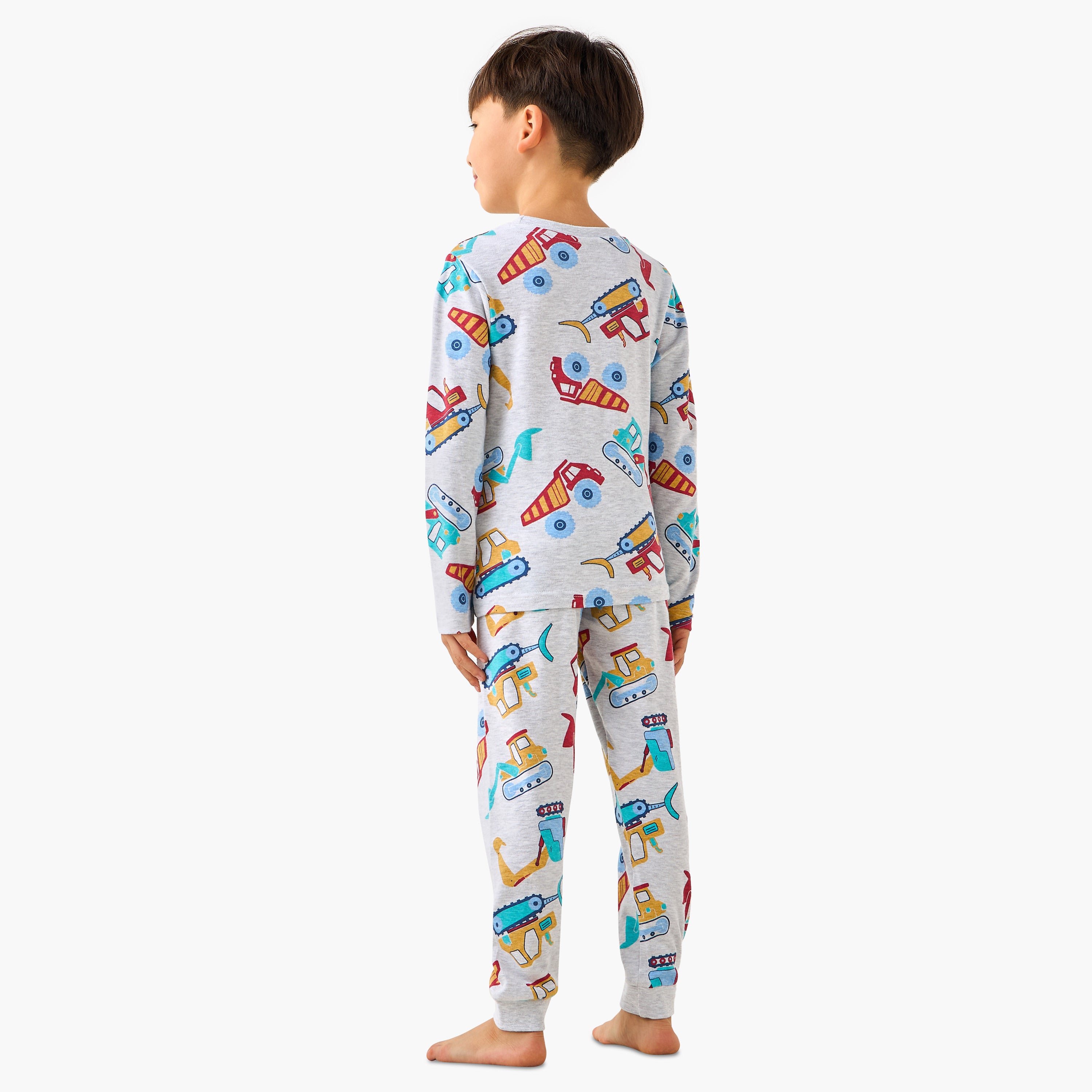 Juniors Cotton Crew Neck Long Sleeves Pyjama Set with Dinosaur Print