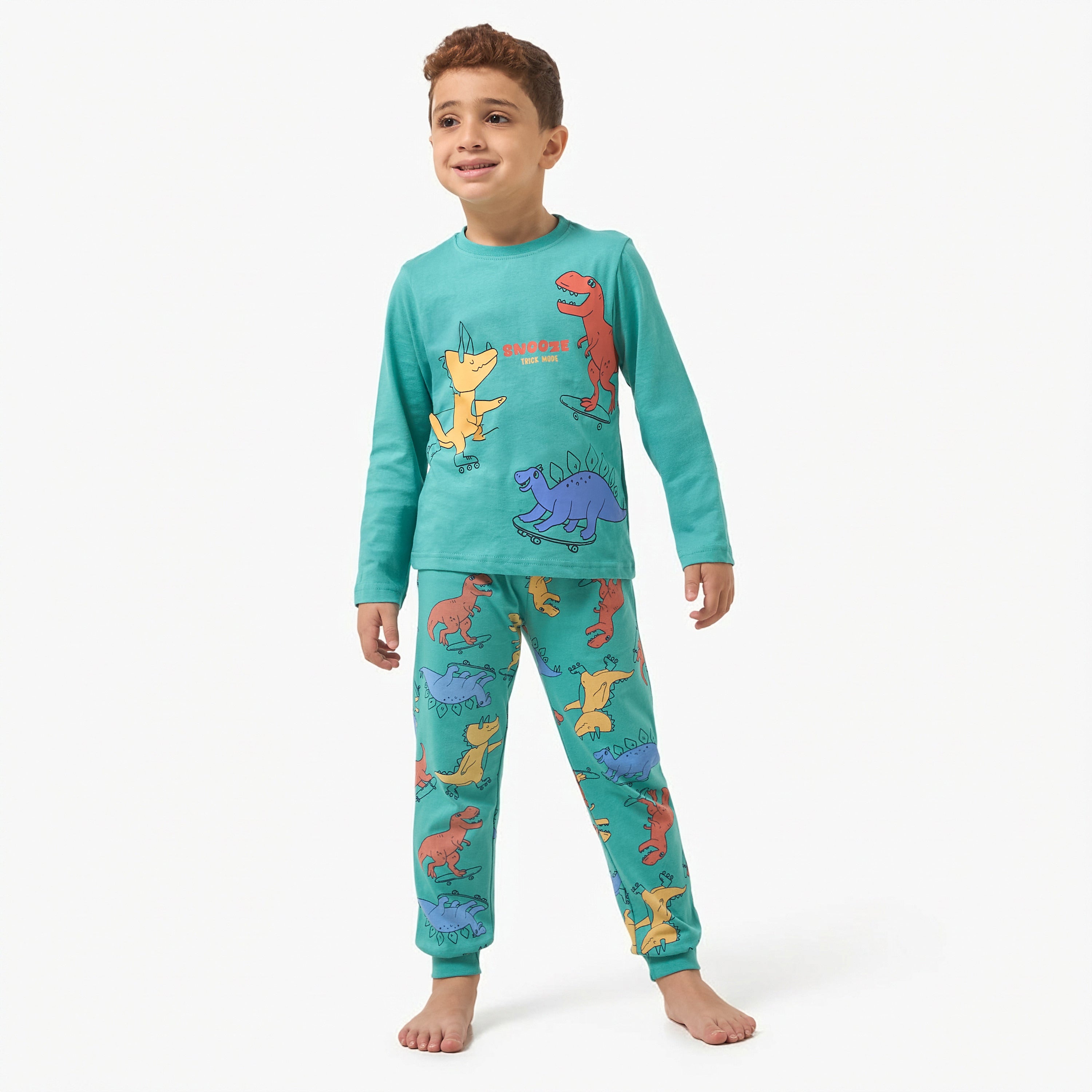 Juniors Cotton Crew Neck Long Sleeves Pyjama Set with Wild Animal Print