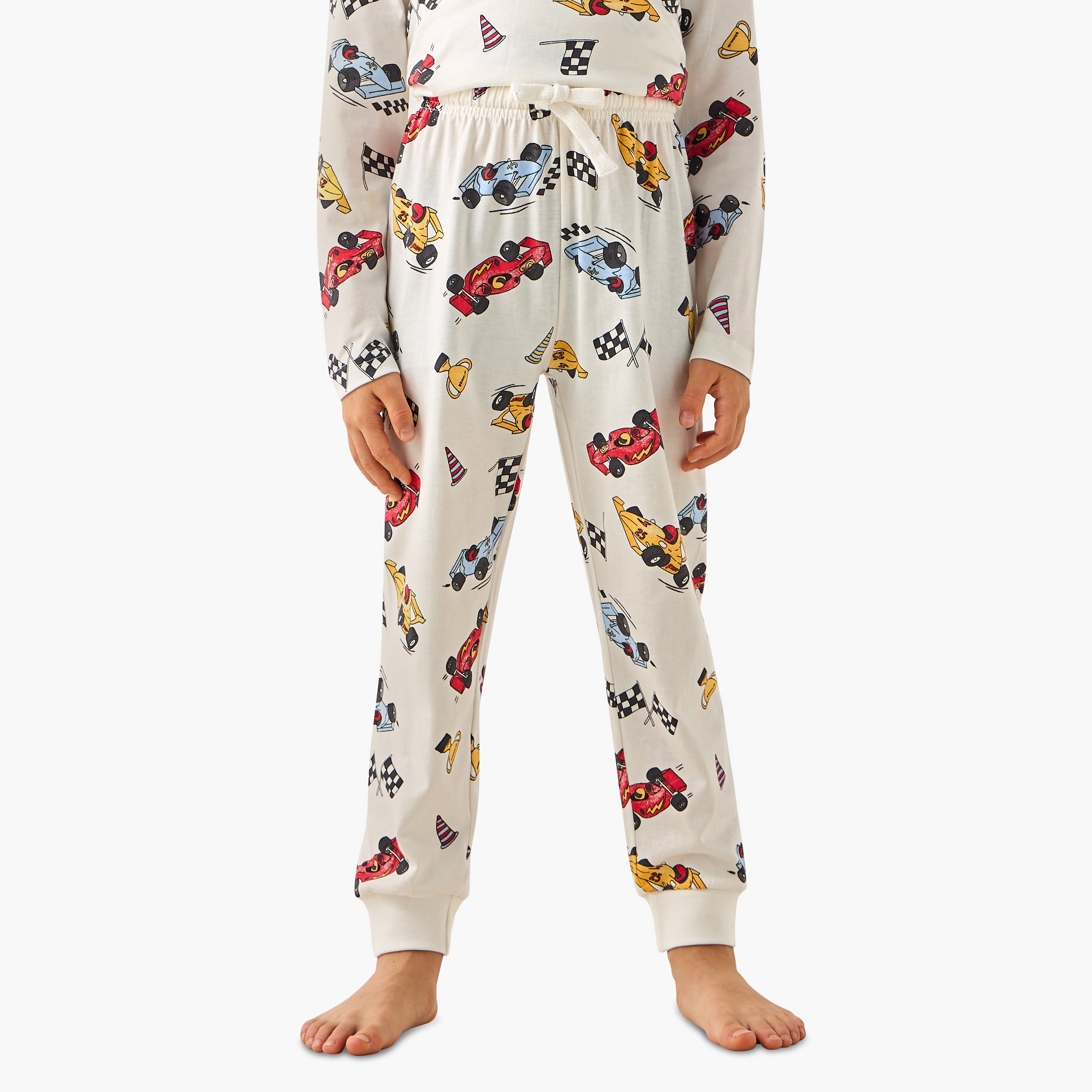Juniors Cotton Crew Neck Long Sleeves Pyjama Set with Dinosaur Print