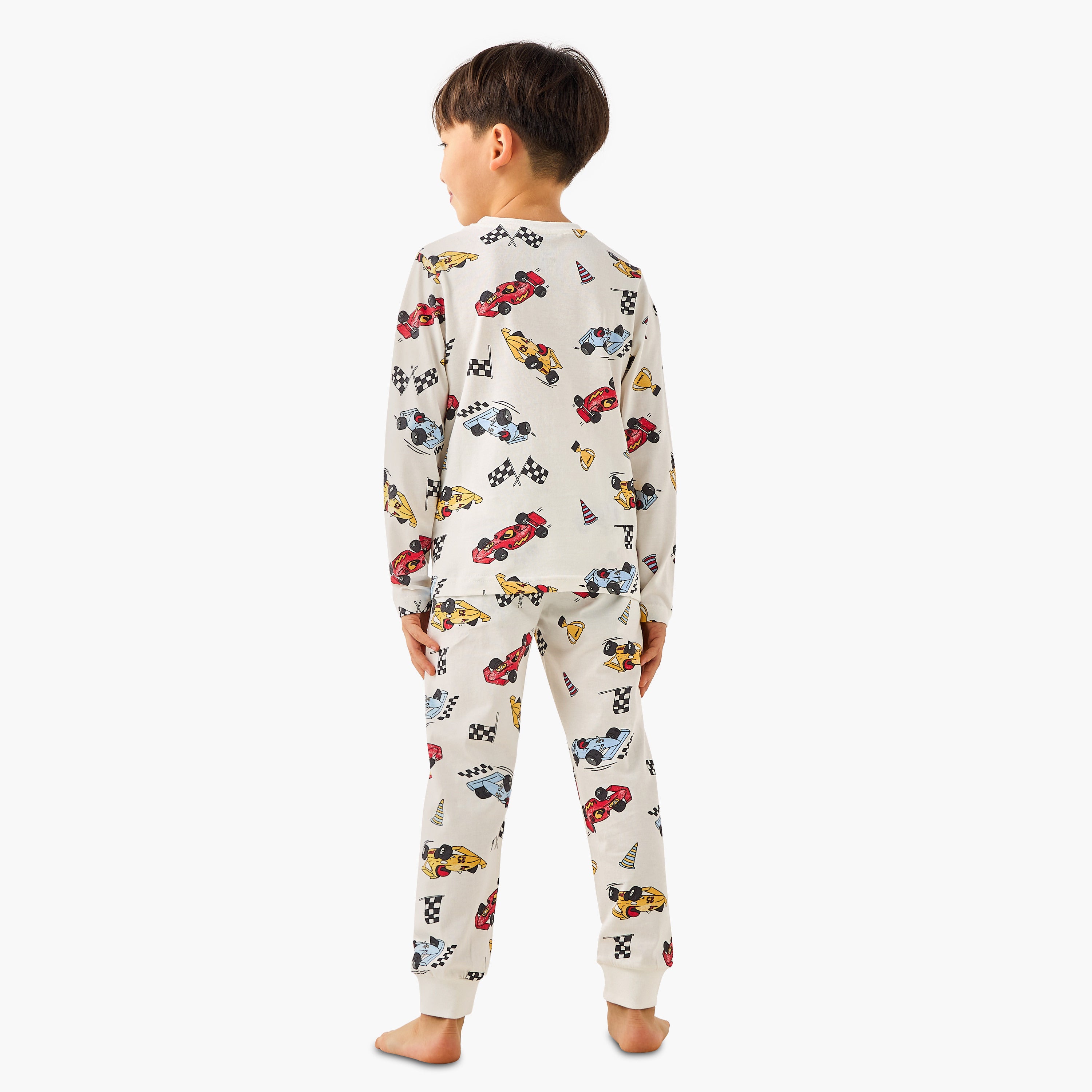 Juniors Cotton Crew Neck Long Sleeves Pyjama Set with Dinosaur Print