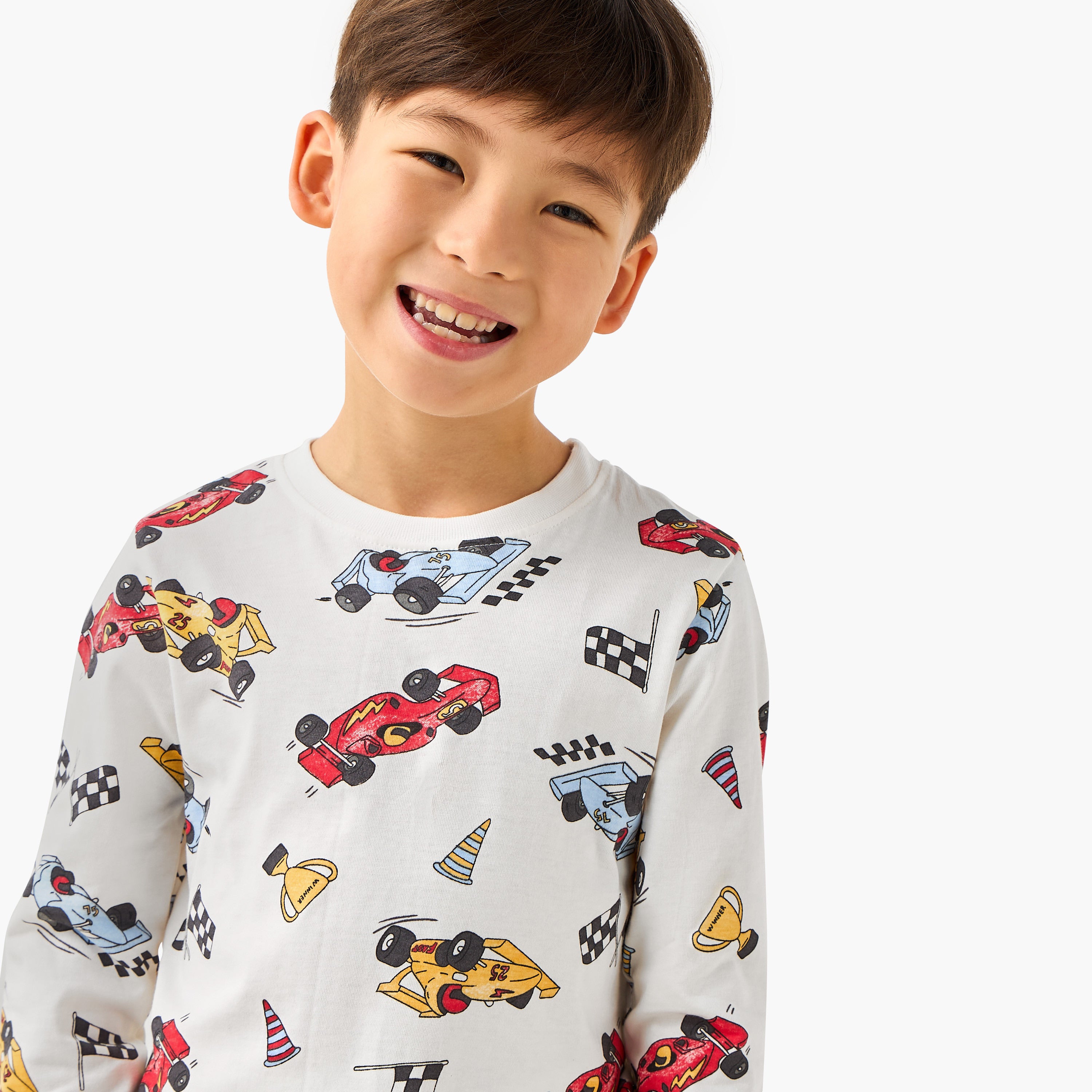 Juniors Cotton Crew Neck Long Sleeves Pyjama Set with Dinosaur Print