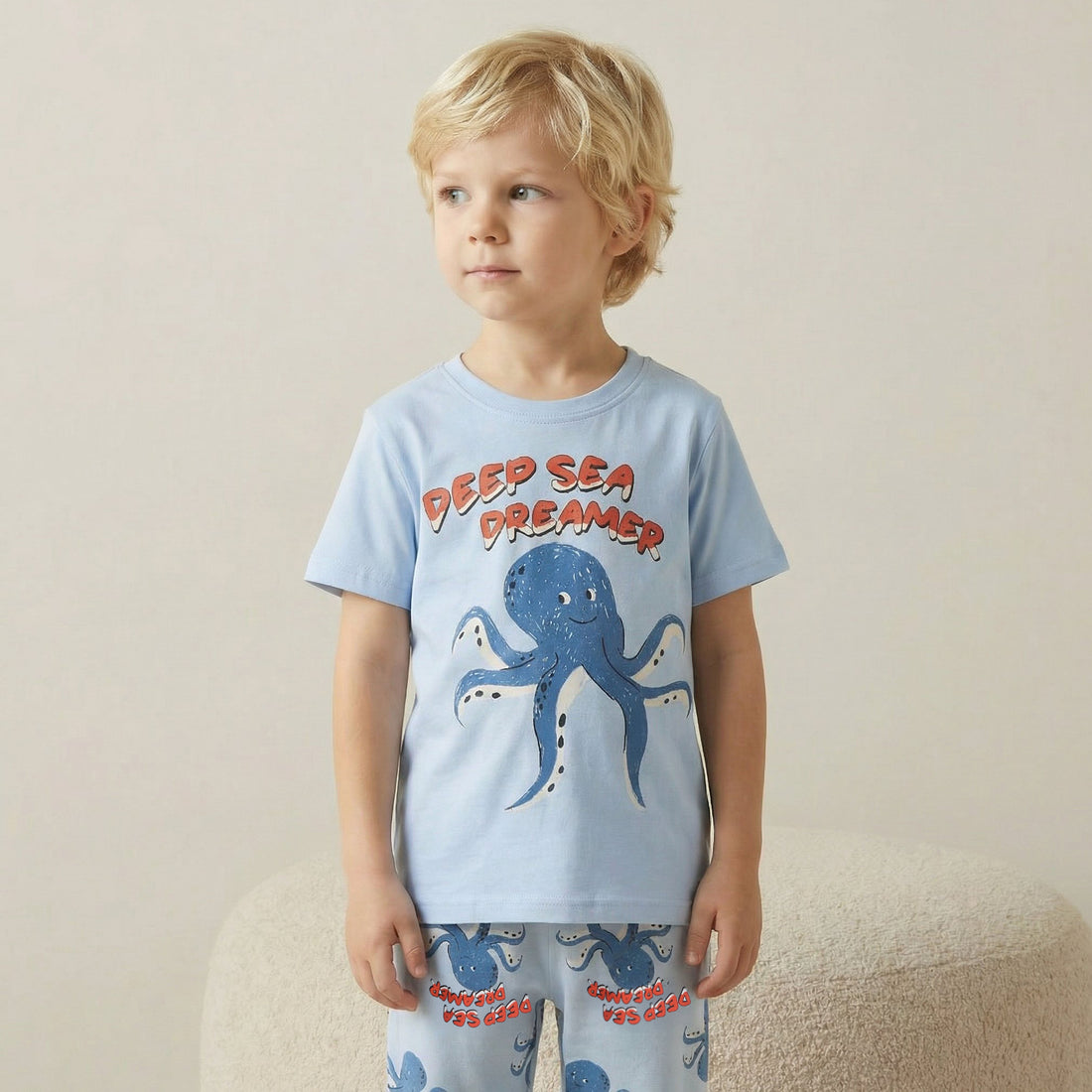 Juniors Cotton Crew Neck Short Sleeves Pyjama Set with Octopus Print