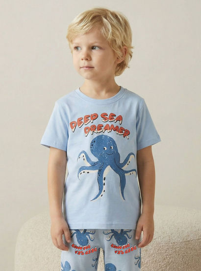 Juniors Cotton Crew Neck Short Sleeves Pyjama Set with Octopus Print-boys-clothing-nightwear-image-2