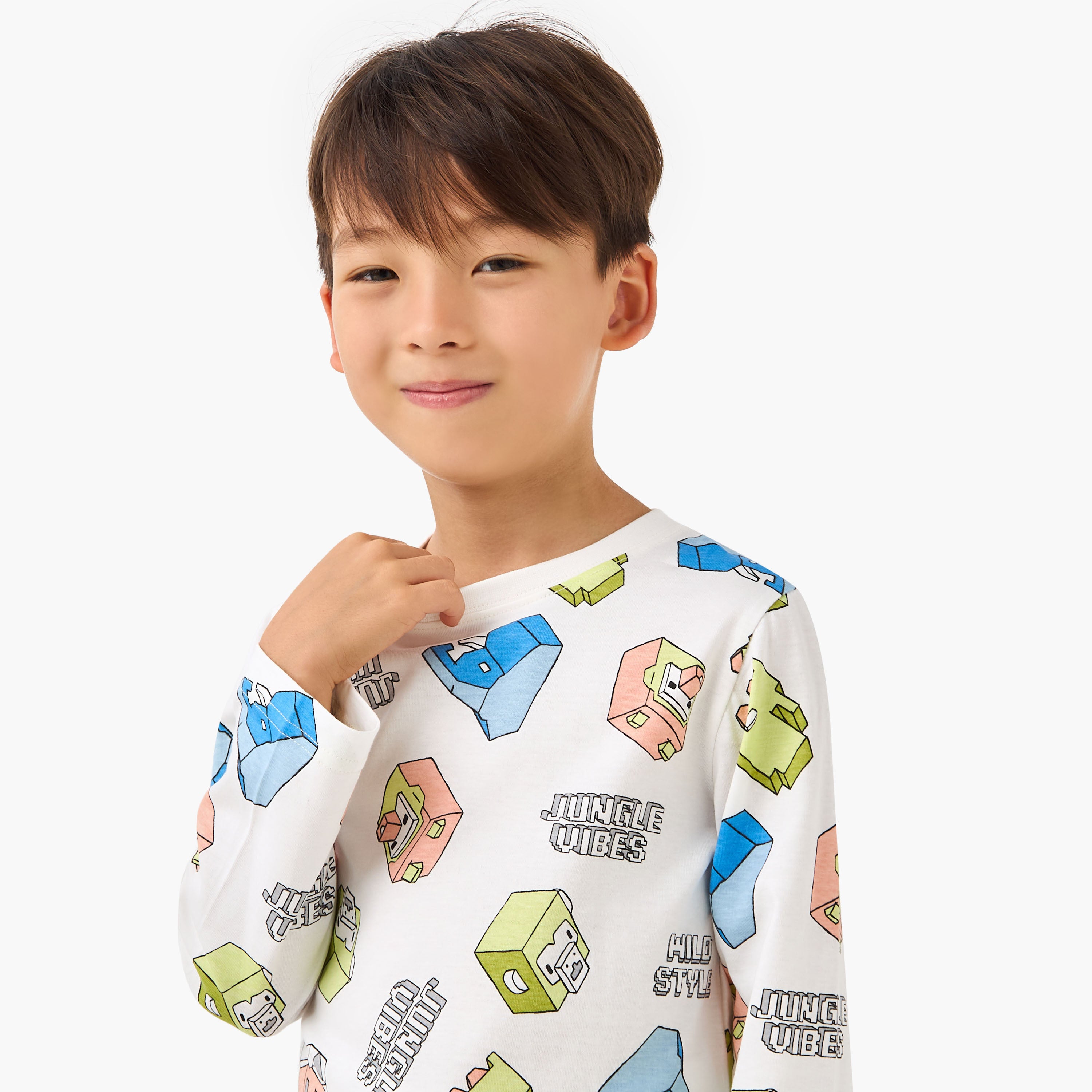 Juniors Cotton Crew Neck Long Sleeves Pyjama Set with Dinosaur Print