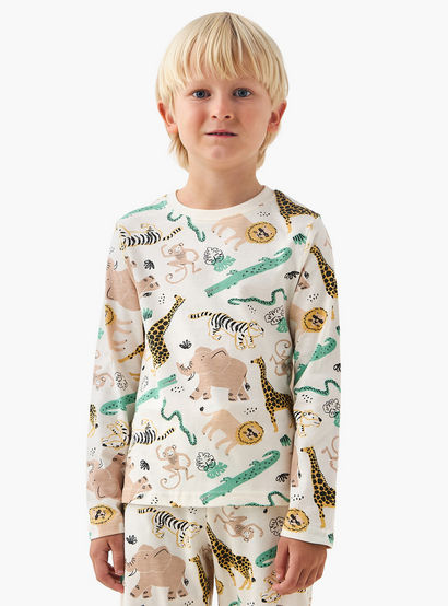 Juniors Cotton Crew Neck Long Sleeves Pyjama Set with Safari Print-boys-clothing-nightwear-image-2