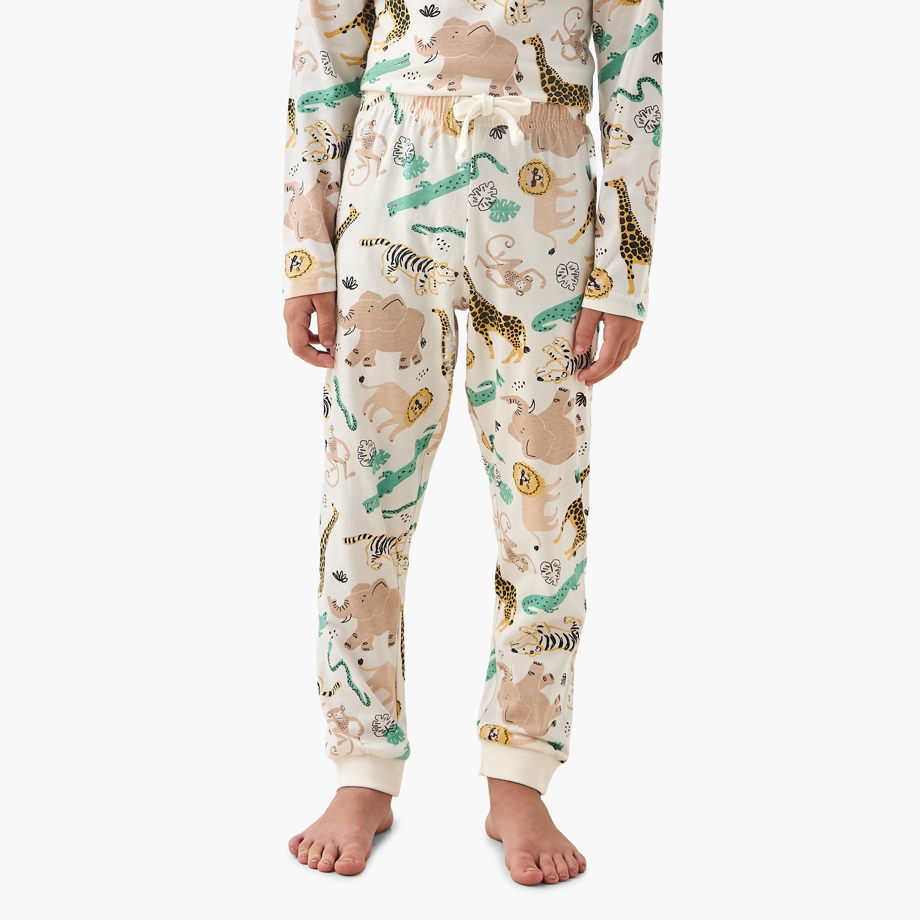 Juniors Cotton Crew Neck Long Sleeves Pyjama Set with Safari Print
