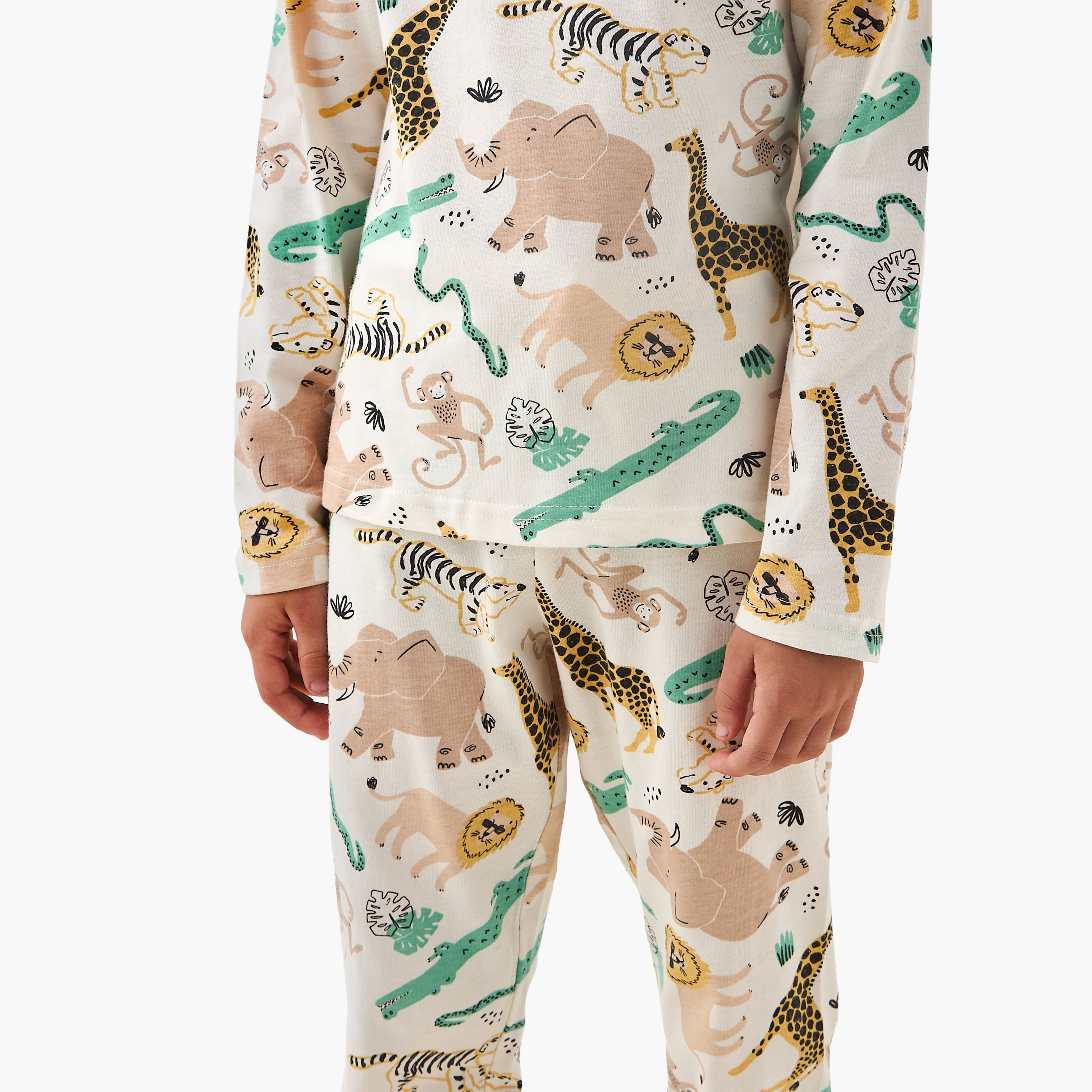 Juniors Cotton Crew Neck Long Sleeves Pyjama Set with Safari Print
