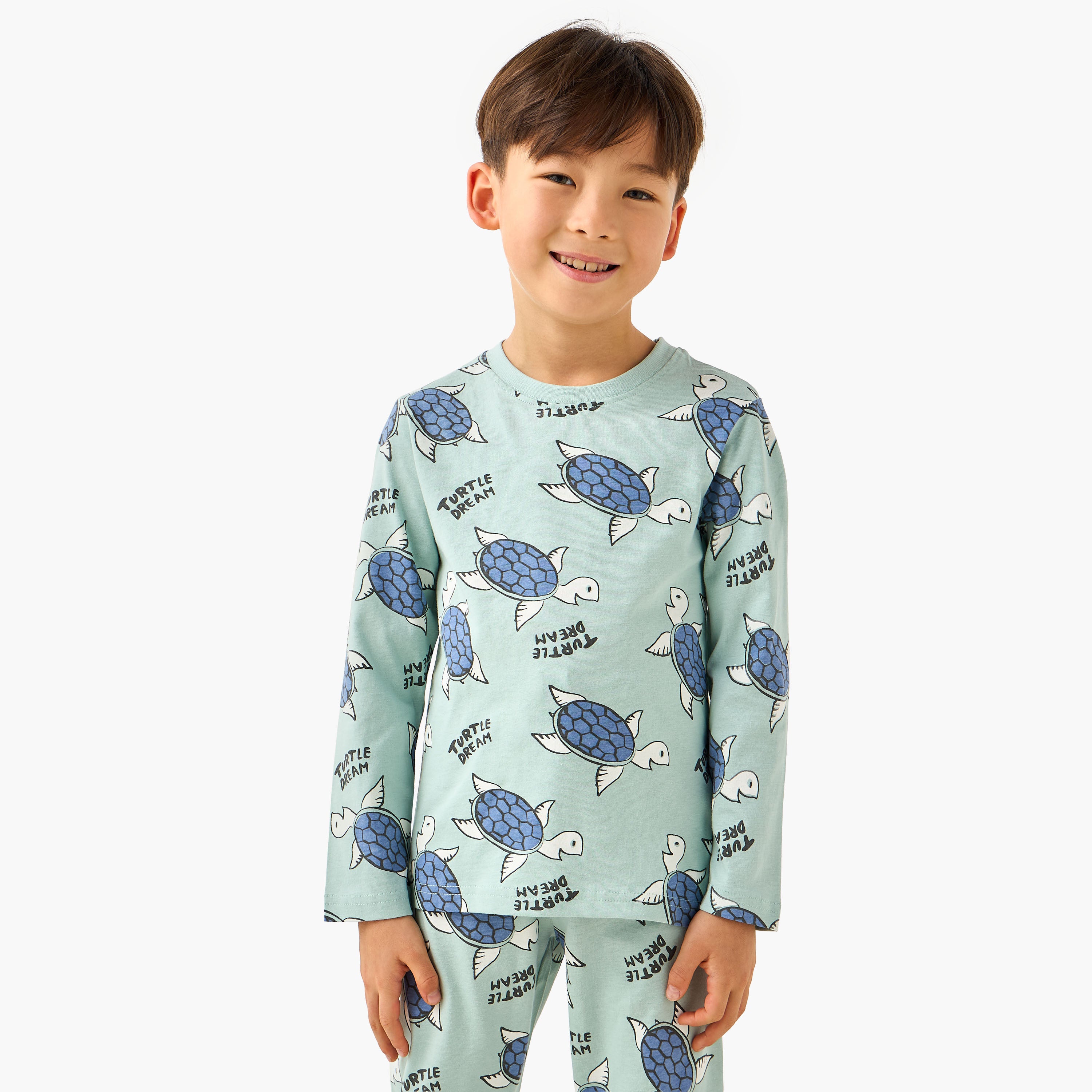 Juniors Cotton Crew Neck Long Sleeves Pyjama Set with Wild Animal Print
