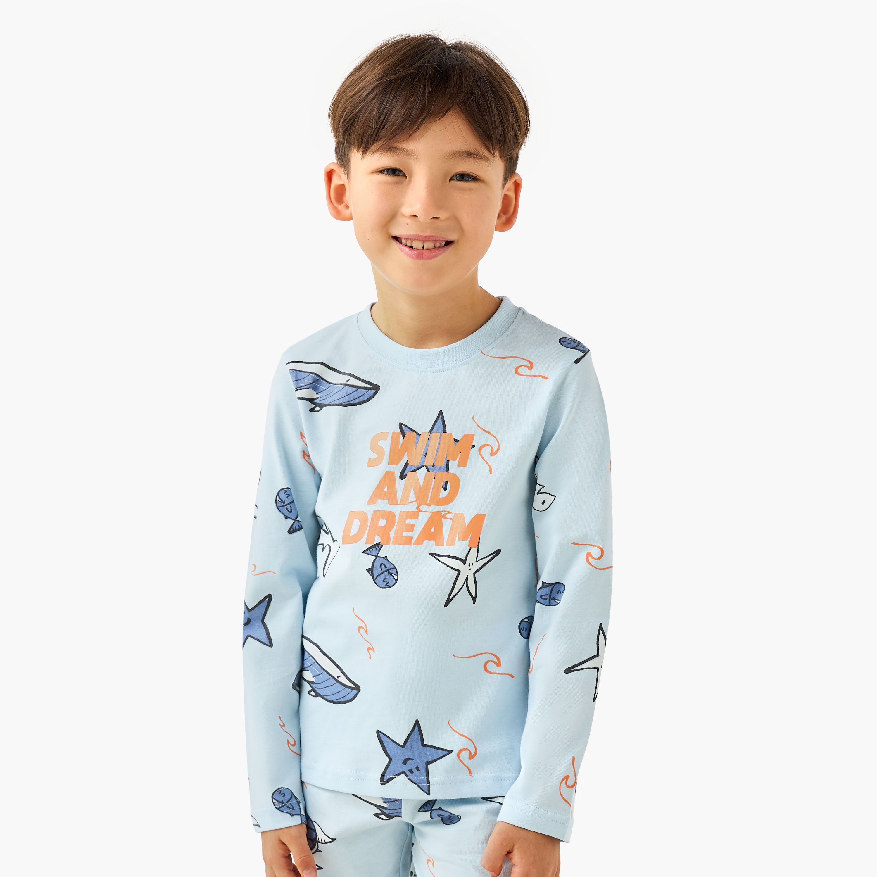 Juniors Cotton Crew Neck Long Sleeves Pyjama Set with Underwater Print