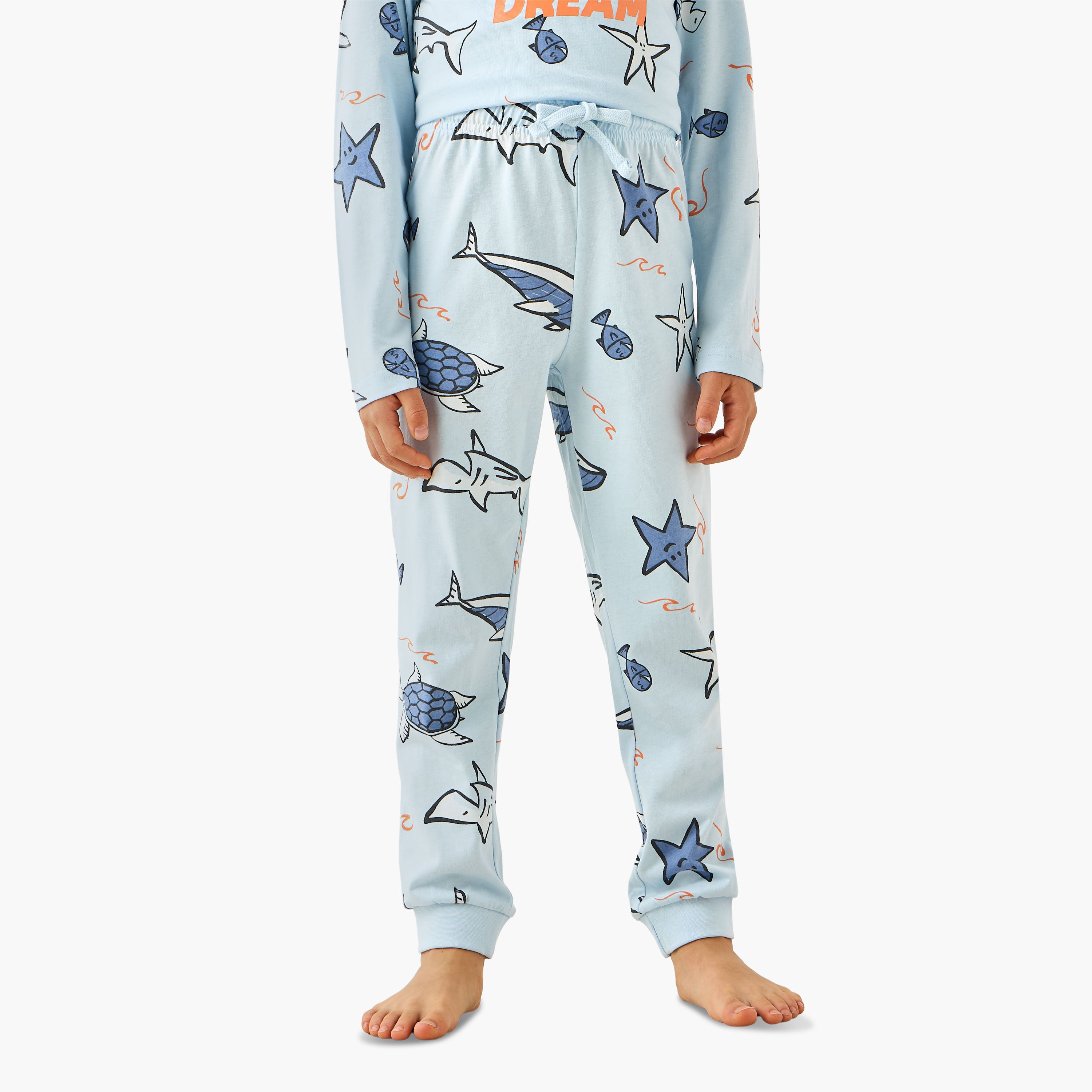Juniors Cotton Crew Neck Long Sleeves Pyjama Set with Underwater Print