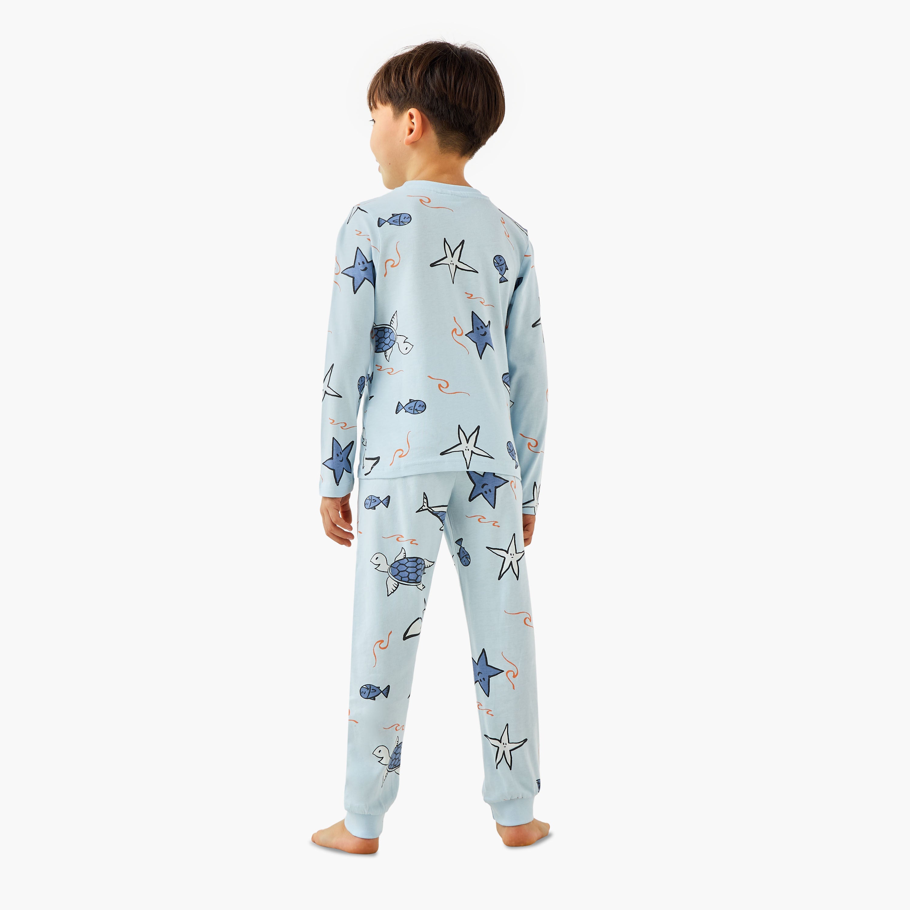 Juniors Cotton Crew Neck Long Sleeves Pyjama Set with Underwater Print