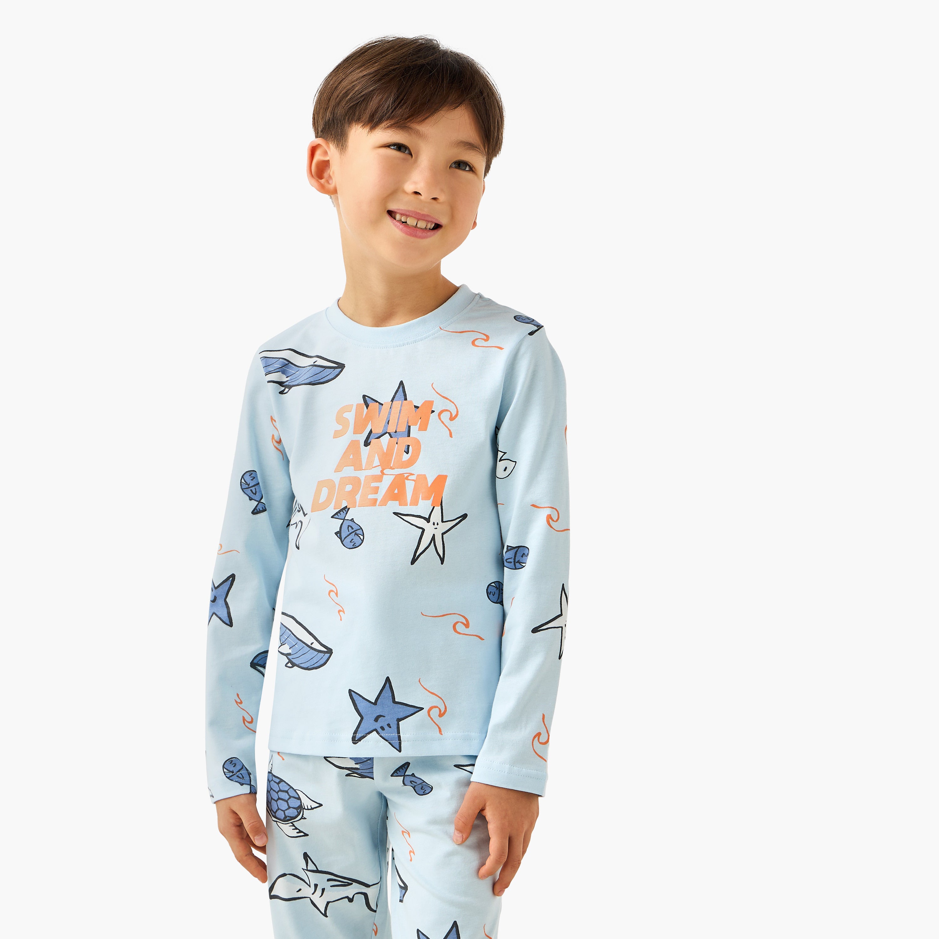 Juniors Cotton Crew Neck Long Sleeves Pyjama Set with Safari Print