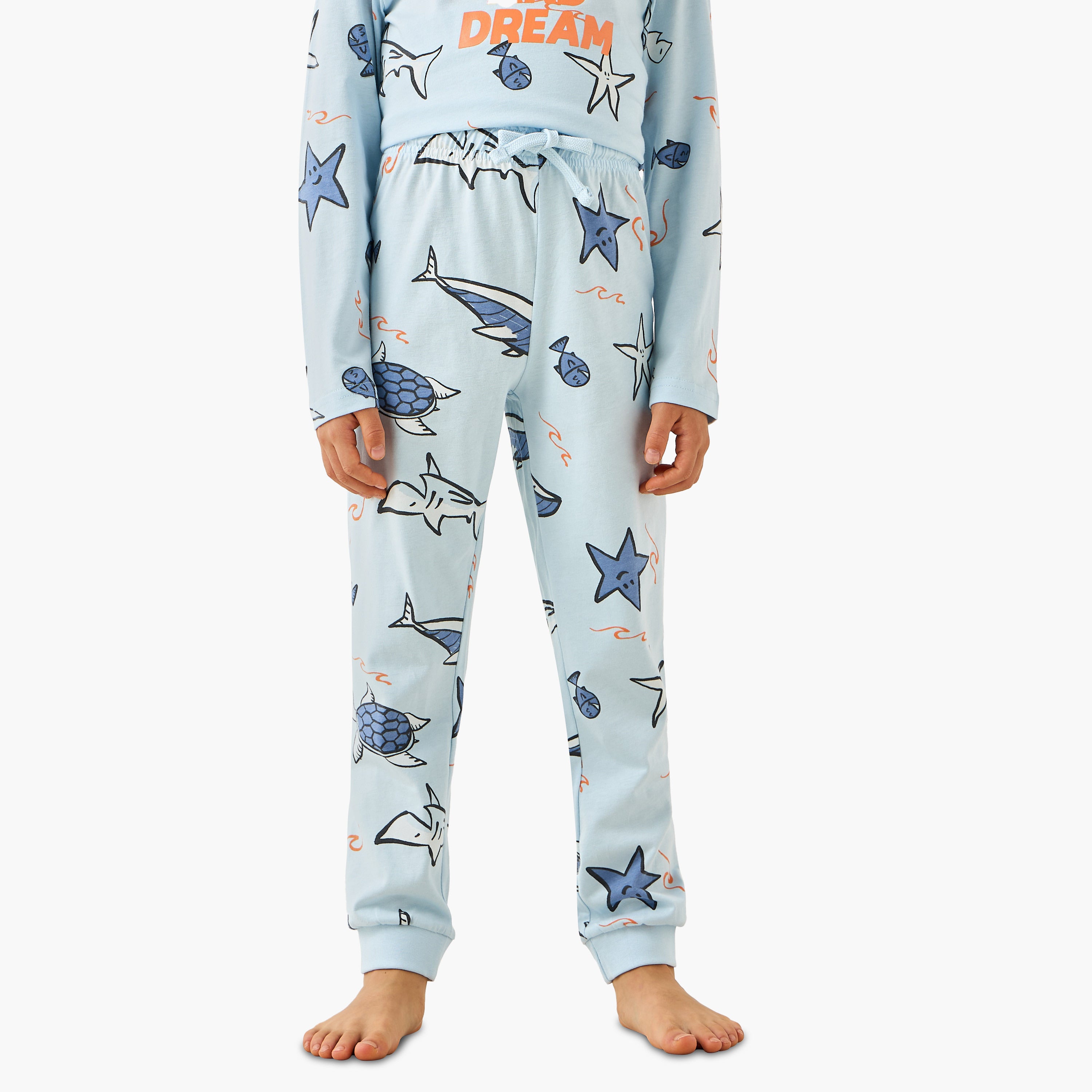Juniors Cotton Crew Neck Long Sleeves Pyjama Set with Safari Print