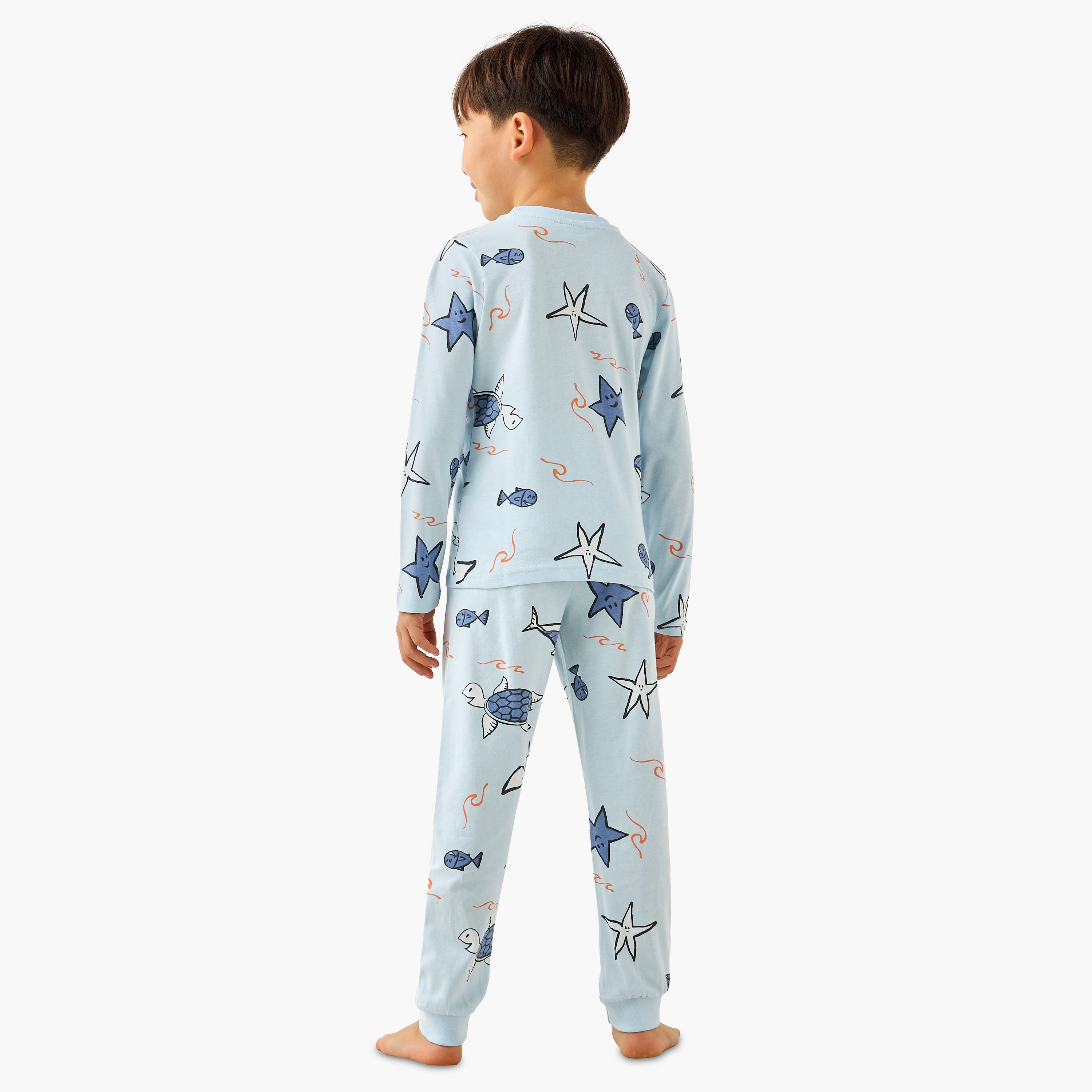 Juniors Cotton Crew Neck Long Sleeves Pyjama Set with Safari Print