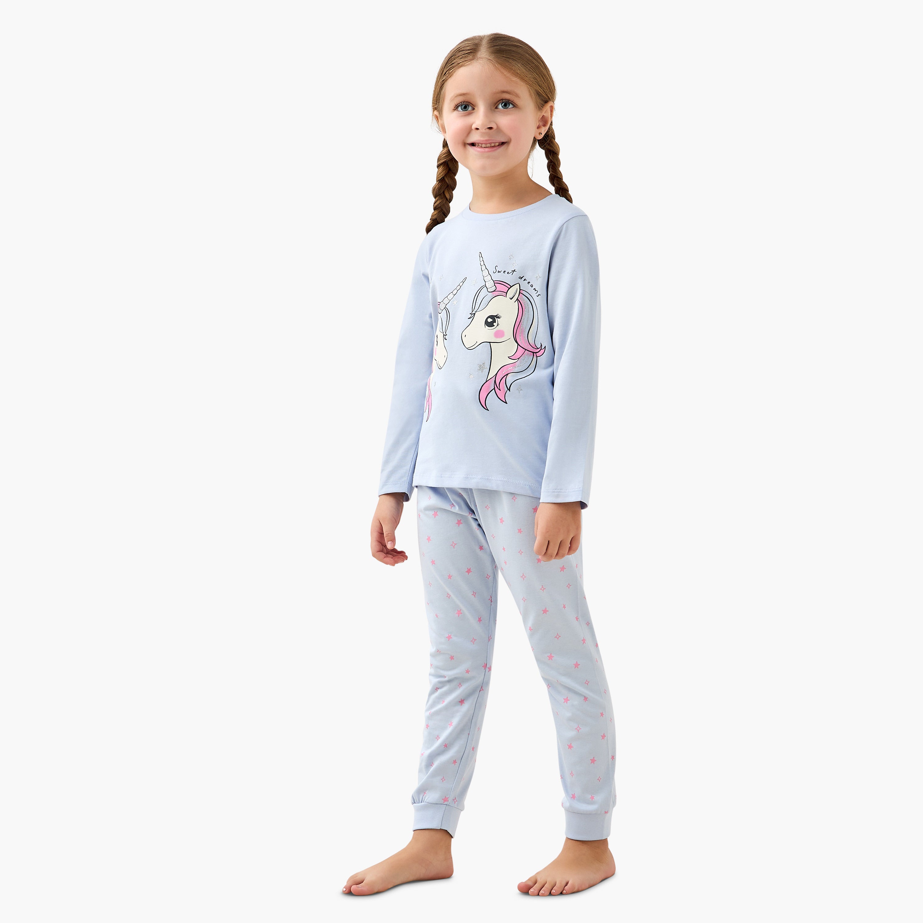 Pack of 2 Juniors Cotton Crew Neck Long Sleeves Pyjama Set with Unicorn Print